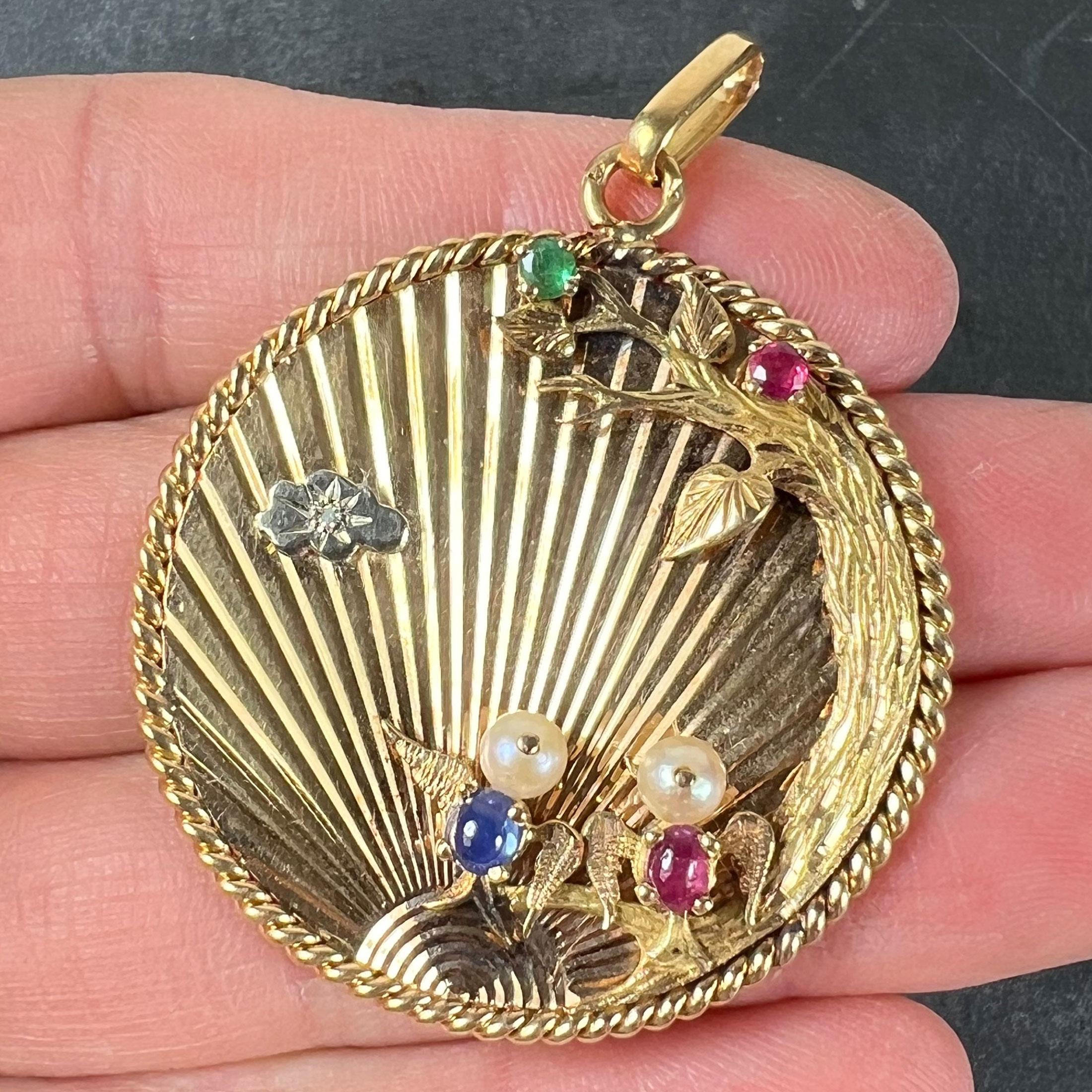 Grand pendentif français Lovebirds en or jaune 18 carats, émeraude, rubis, saphir et diamant Pour femmes en vente