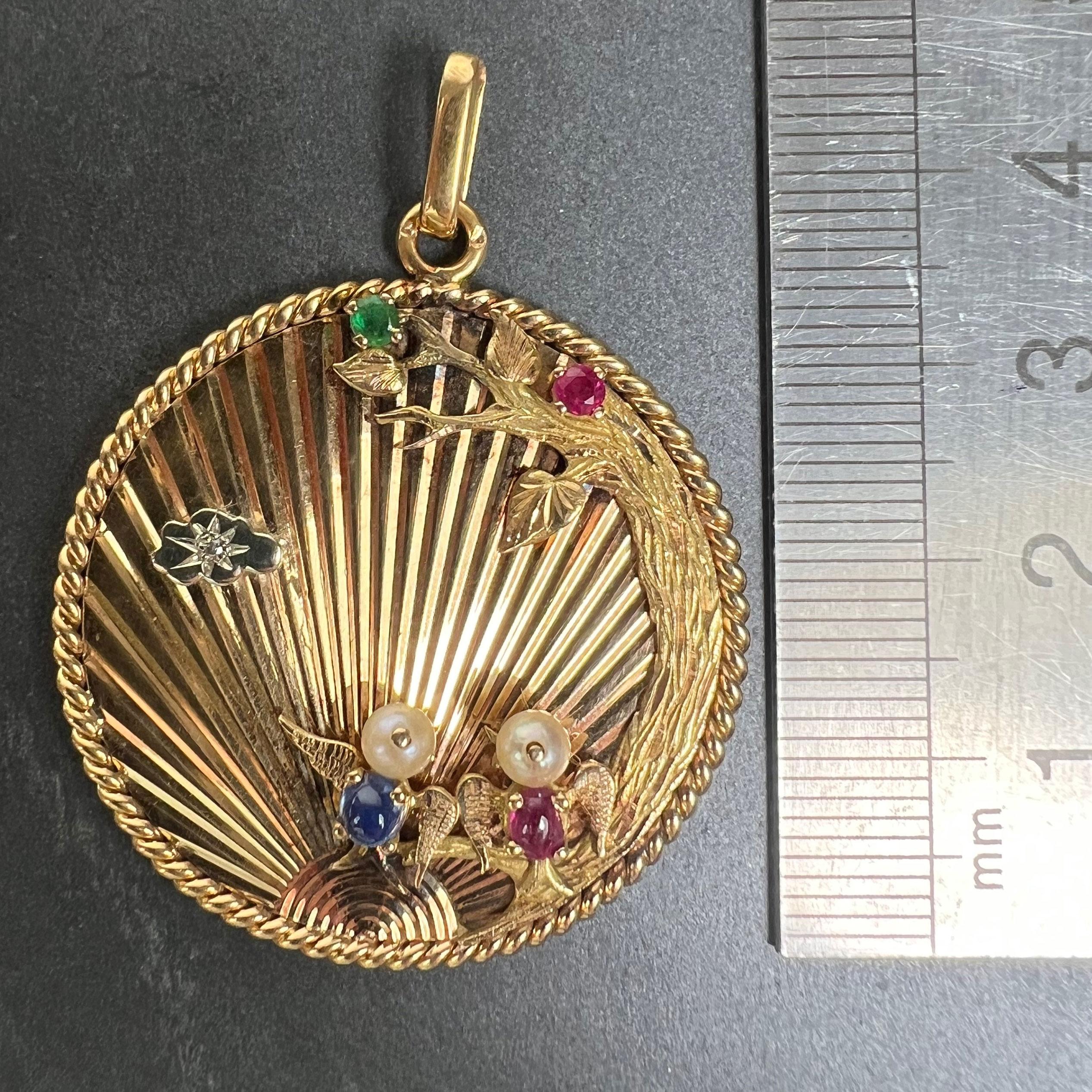 Grand pendentif français Lovebirds en or jaune 18 carats, émeraude, rubis, saphir et diamant en vente 5