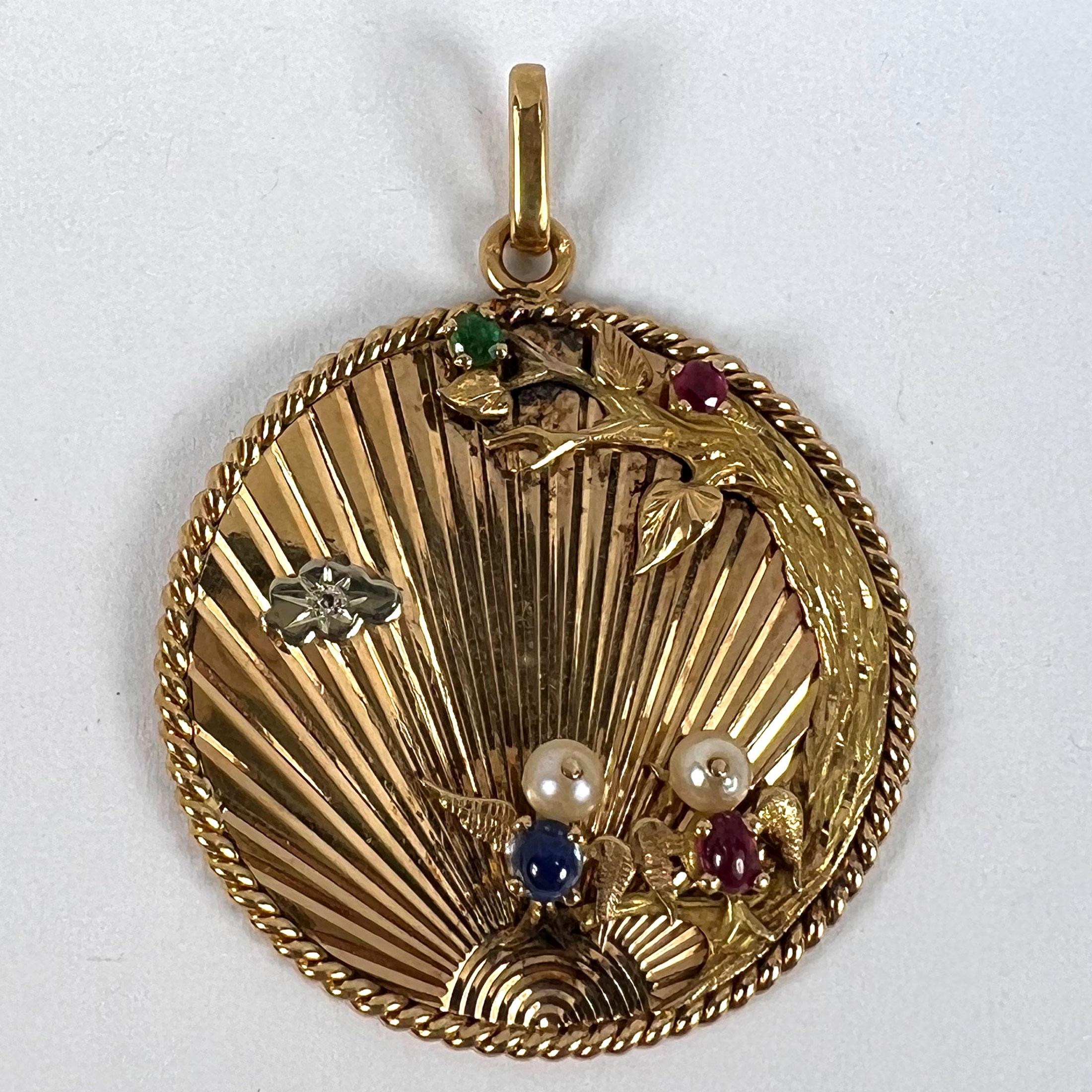 Grand pendentif français Lovebirds en or jaune 18 carats, émeraude, rubis, saphir et diamant en vente 7