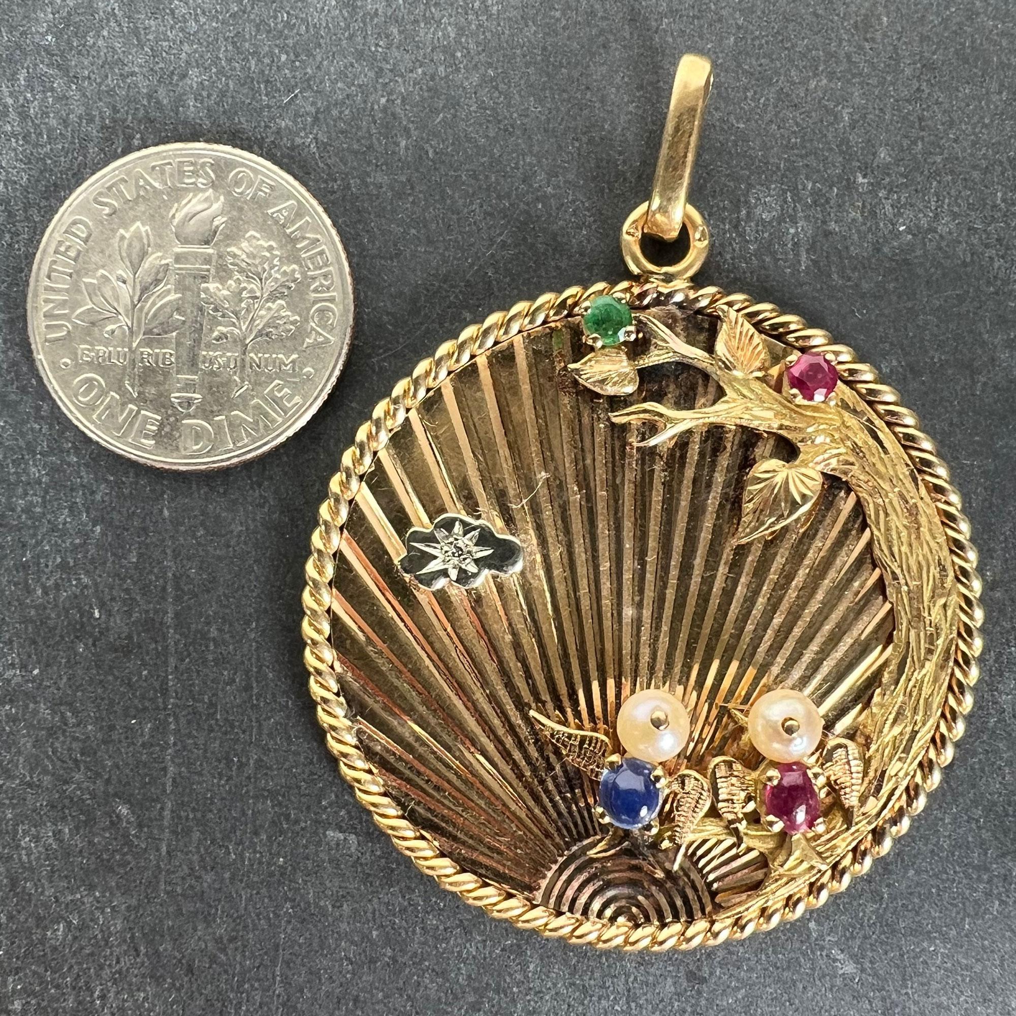 Grand pendentif français Lovebirds en or jaune 18 carats, émeraude, rubis, saphir et diamant en vente 6