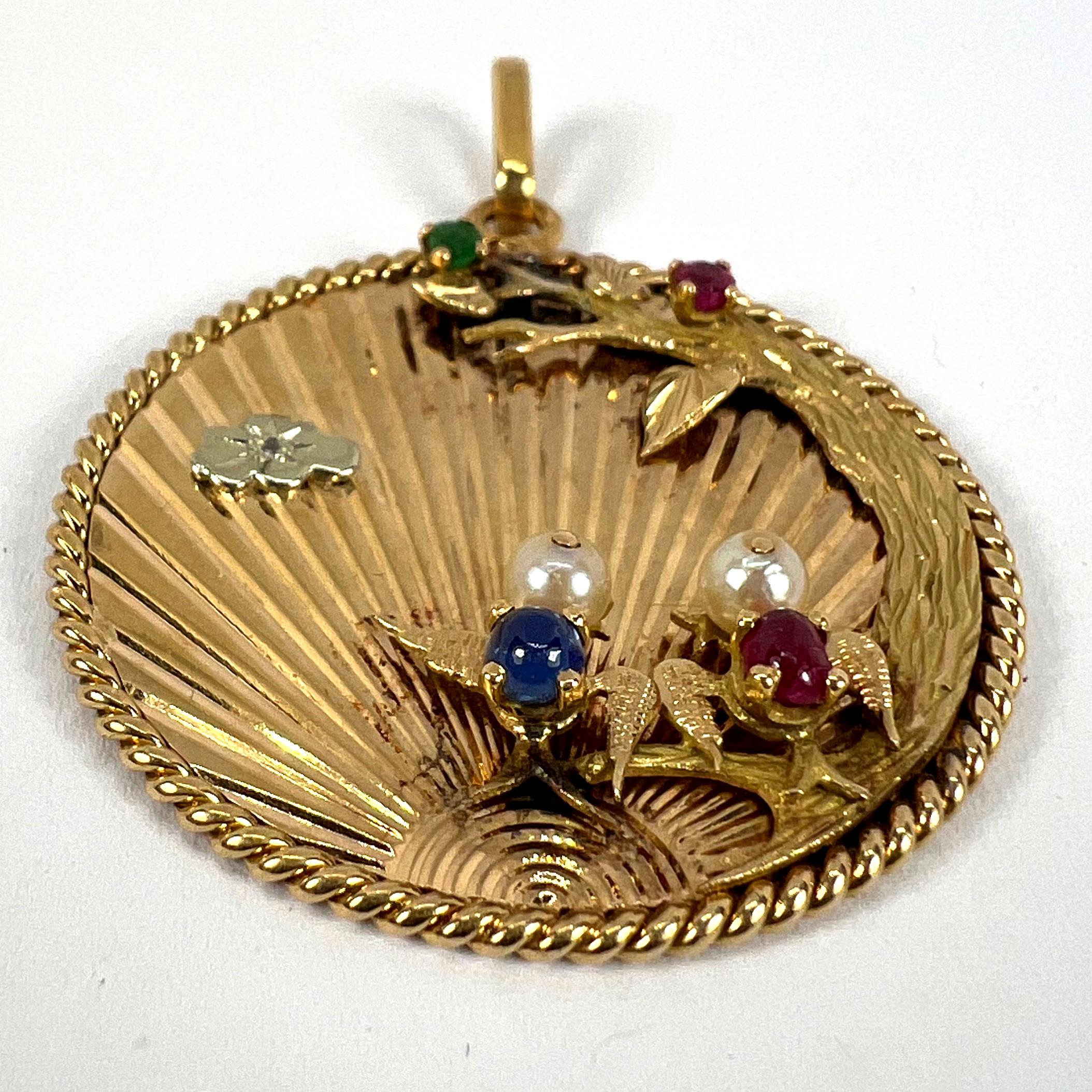 Grand pendentif français Lovebirds en or jaune 18 carats, émeraude, rubis, saphir et diamant en vente 10