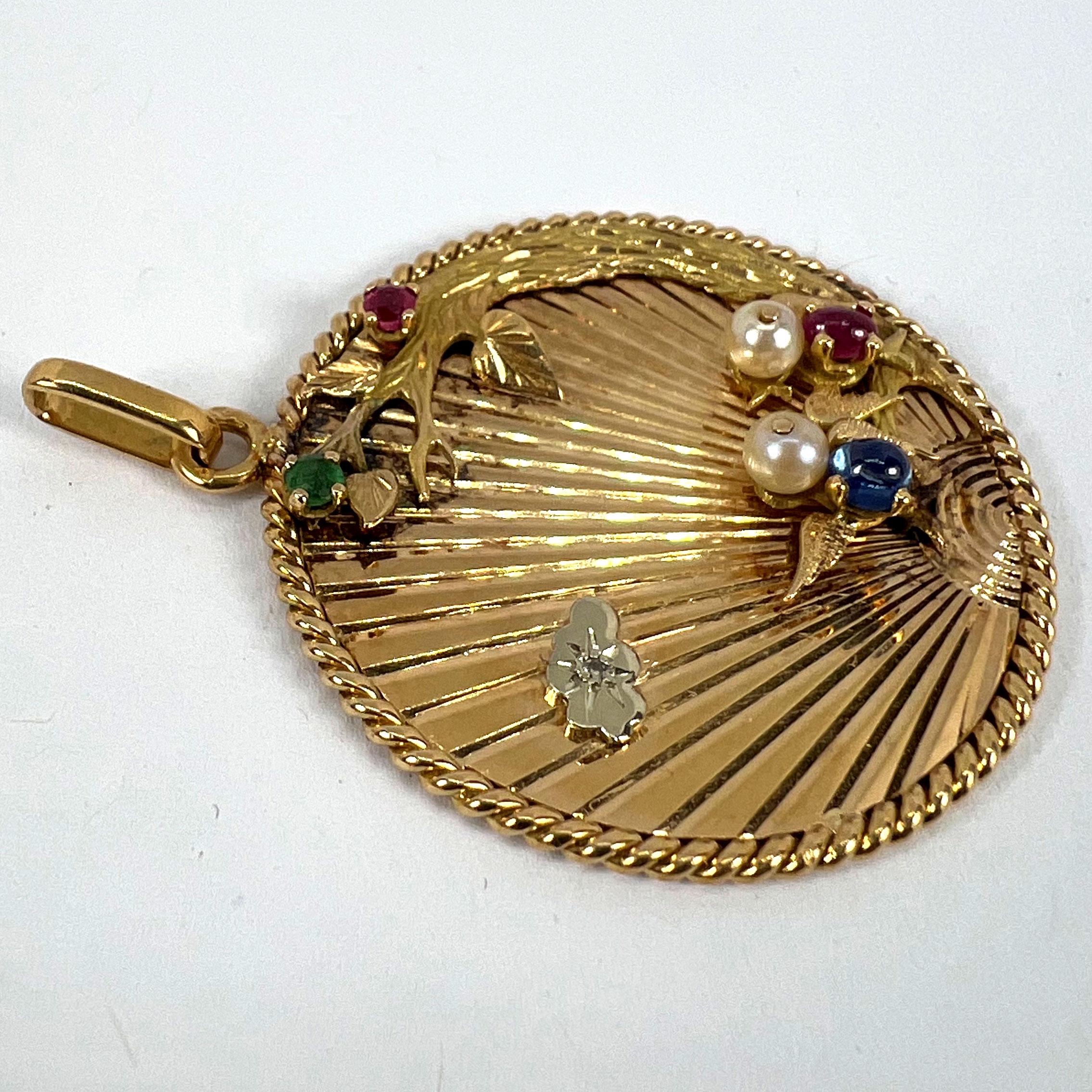 Grand pendentif français Lovebirds en or jaune 18 carats, émeraude, rubis, saphir et diamant en vente 11
