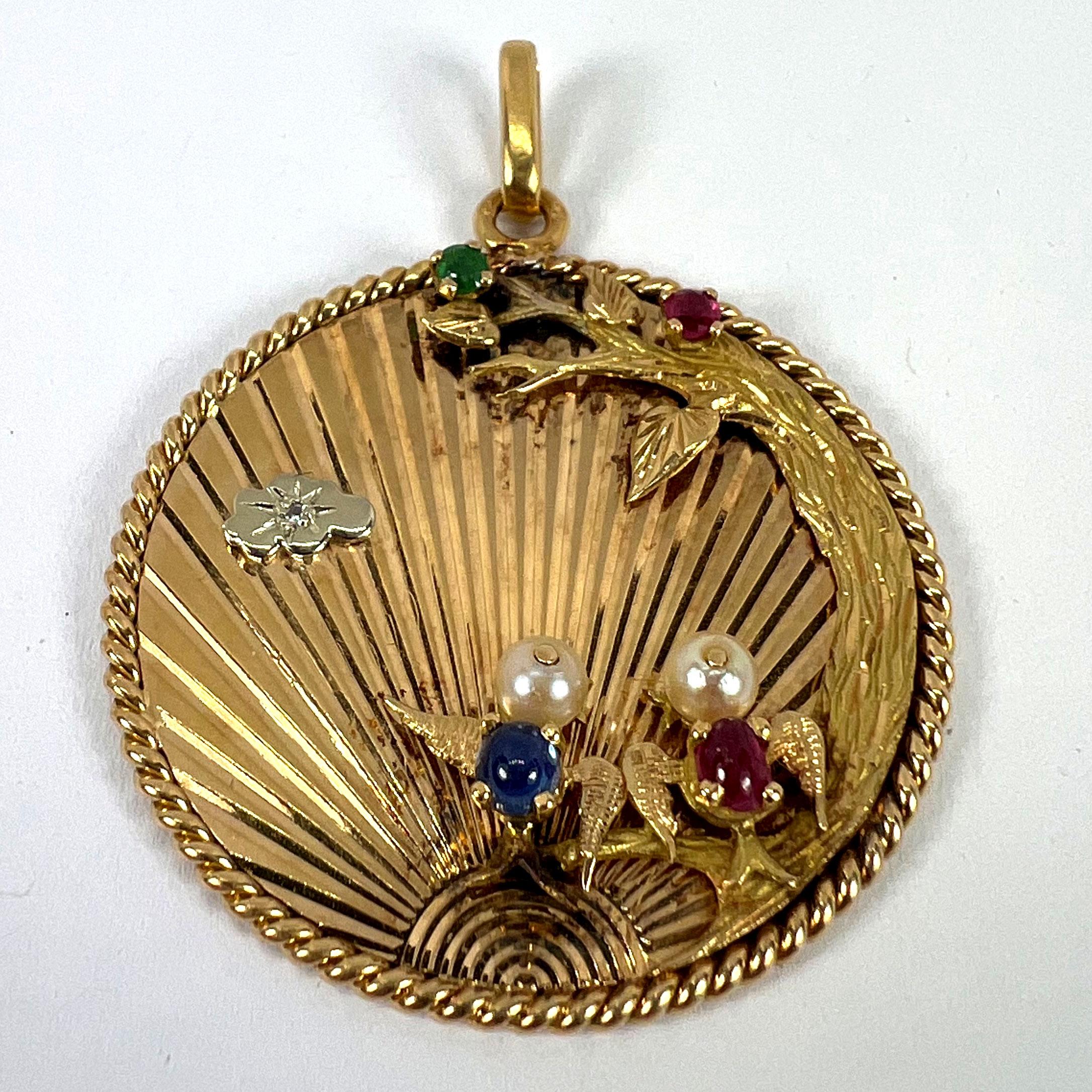 Grand pendentif français Lovebirds en or jaune 18 carats, émeraude, rubis, saphir et diamant en vente 9