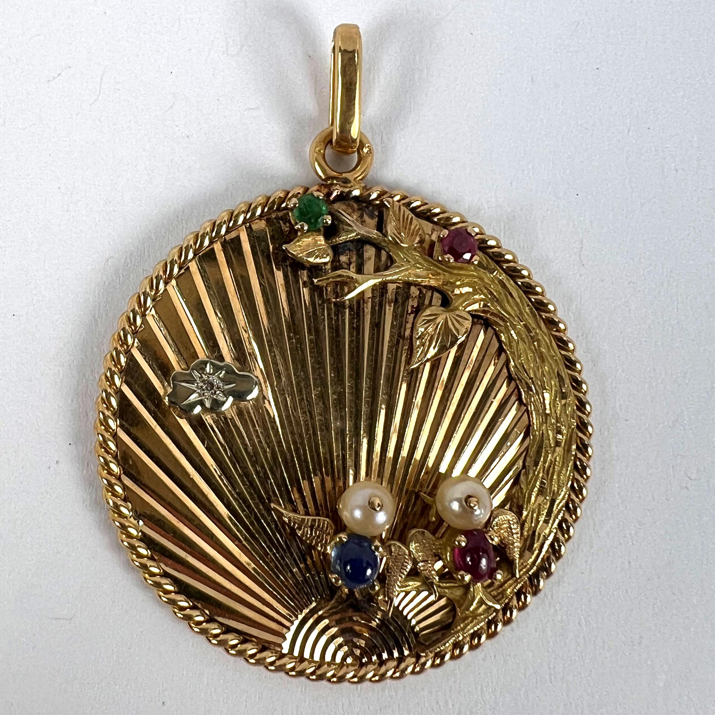 Grand pendentif français Lovebirds en or jaune 18 carats, émeraude, rubis, saphir et diamant en vente 8