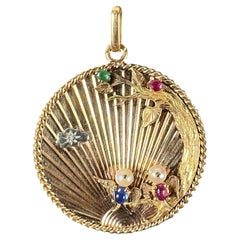 Large French 18K Yellow Gold Lovebirds Emerald Ruby Sapphire Diamond Pendant