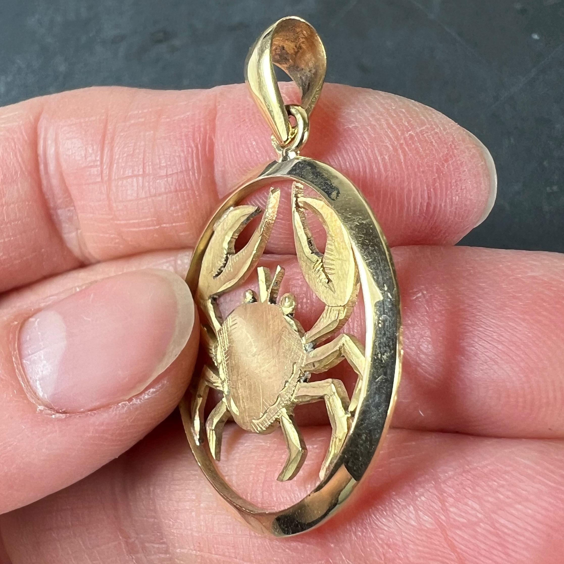 Women's or Men's Large French 18K Yellow Gold Zodiac Cancer Crab Charm Pendant For Sale
