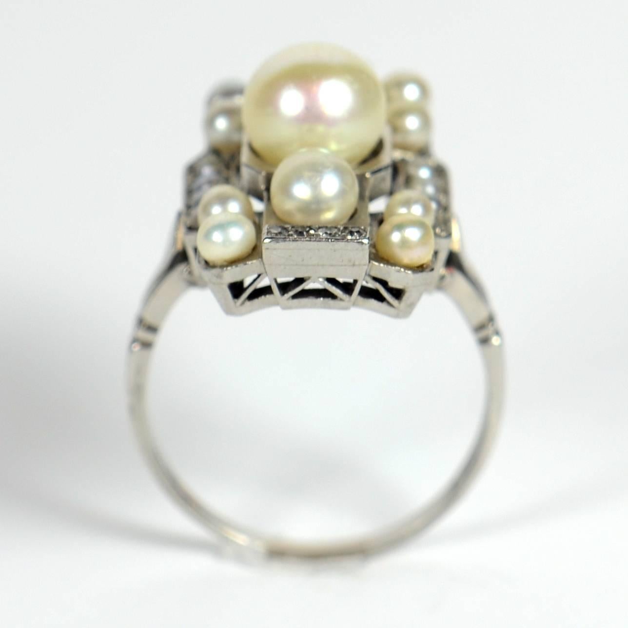 French Art Deco Natural Pearl Diamond Platinum Ring, circa 1930 3