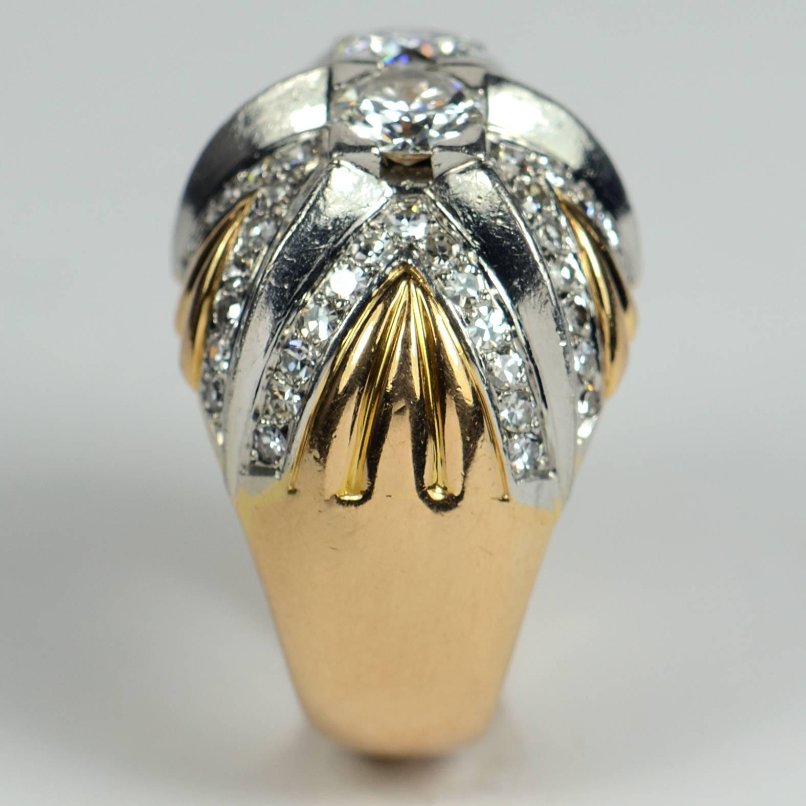 French Retro Diamond Gold Platinum Bombe Ring For Sale 1
