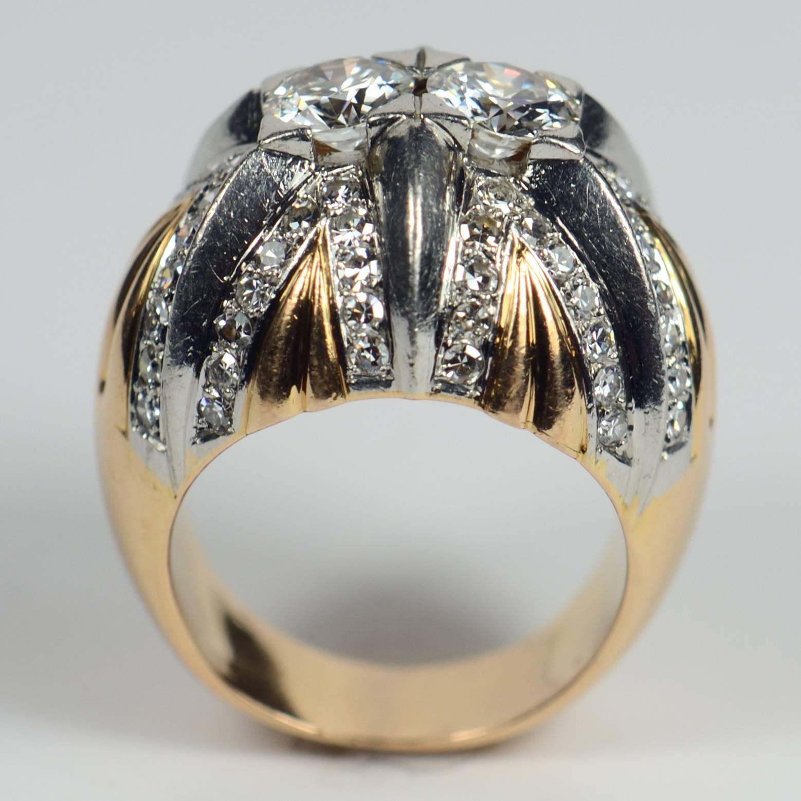 French Retro Diamond Gold Platinum Bombe Ring In Good Condition For Sale In London, GB