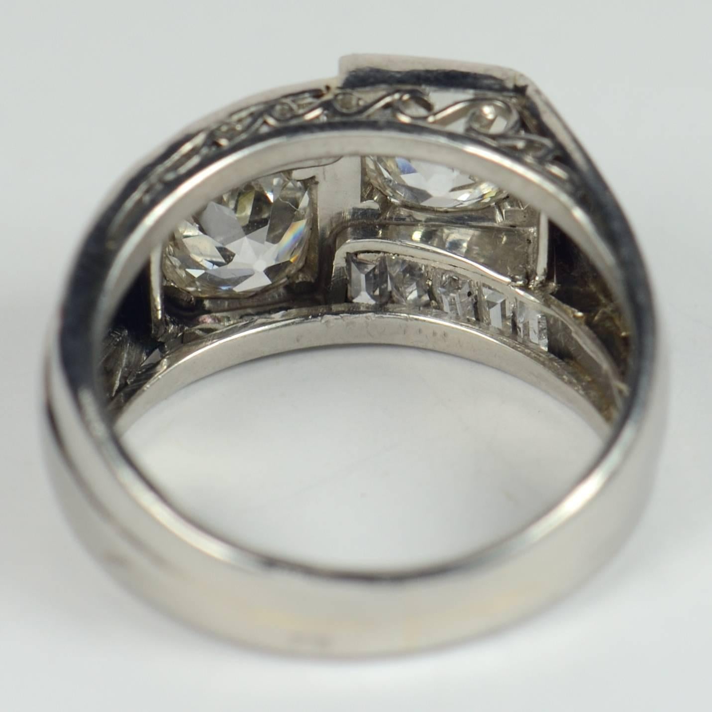 French Art Deco Modernist Diamond Platinum Crossover Ring 1