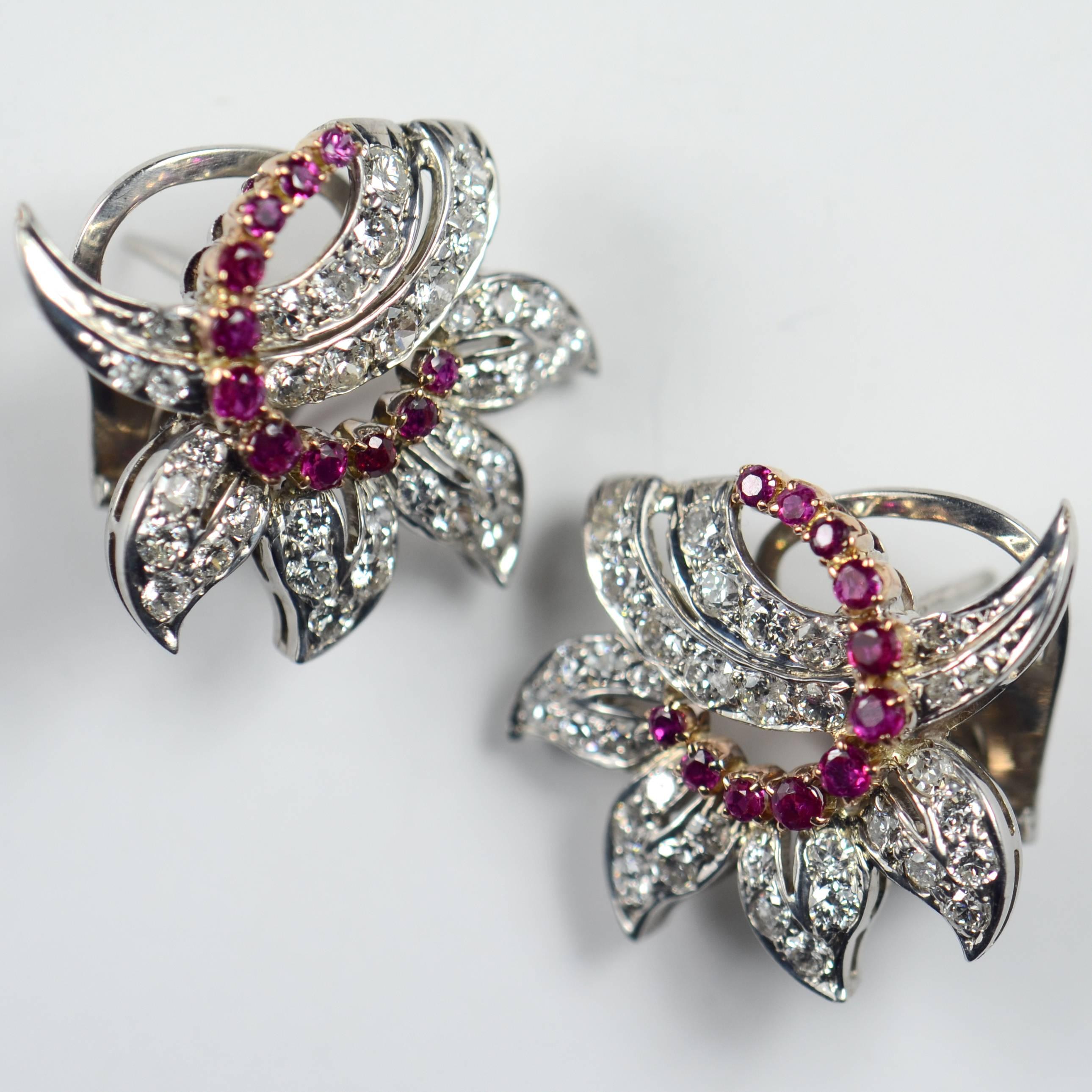Women's Ruby Diamond Gold Floral Clip Earrings, circa 1950