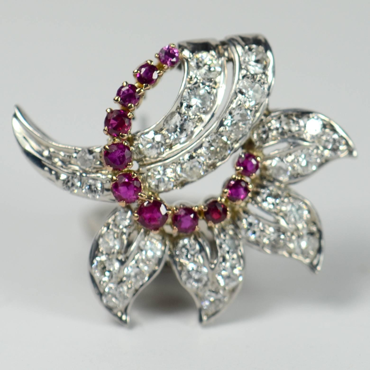 Ruby Diamond Gold Floral Clip Earrings, circa 1950 2