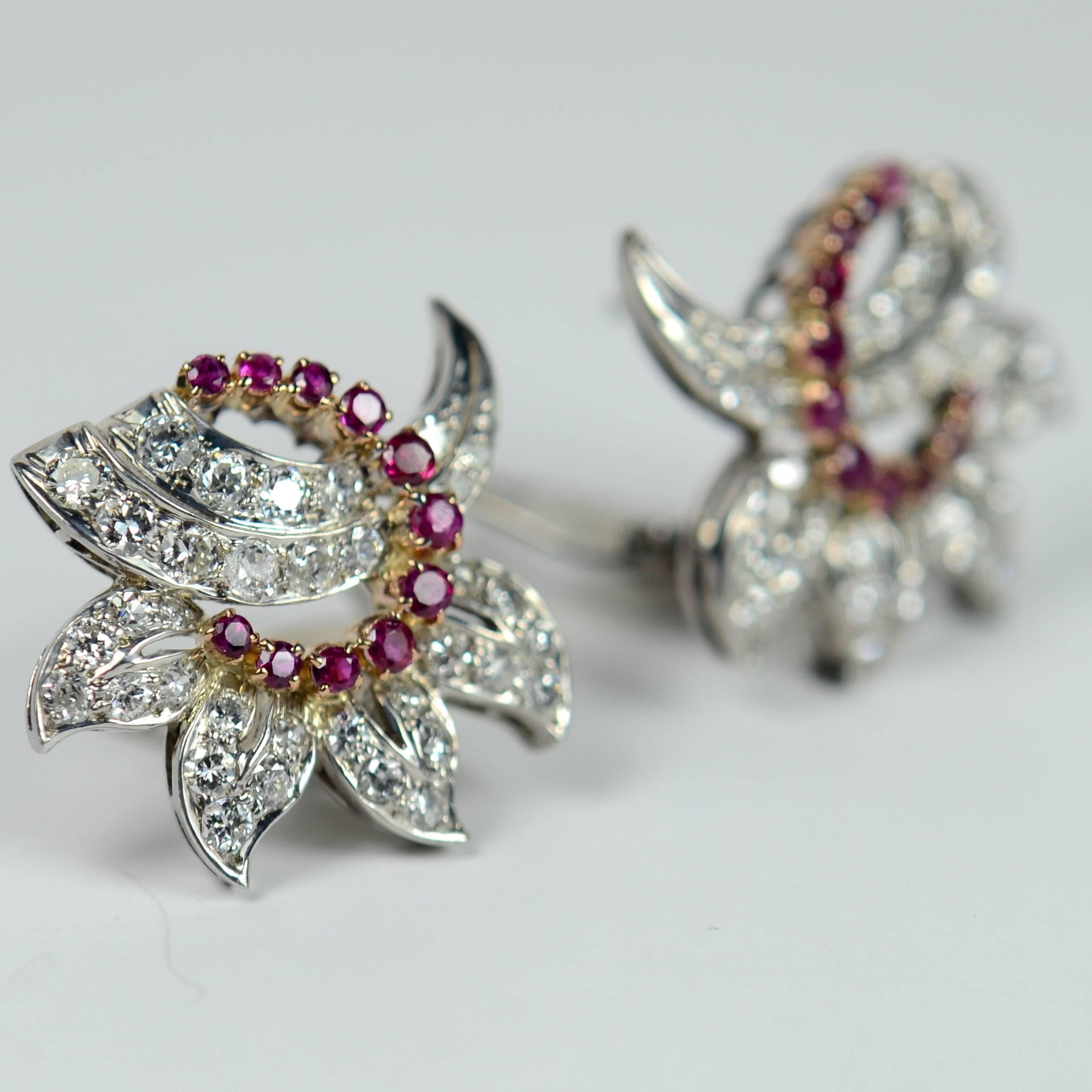 Ruby Diamond Gold Floral Clip Earrings, circa 1950 In Good Condition In London, GB