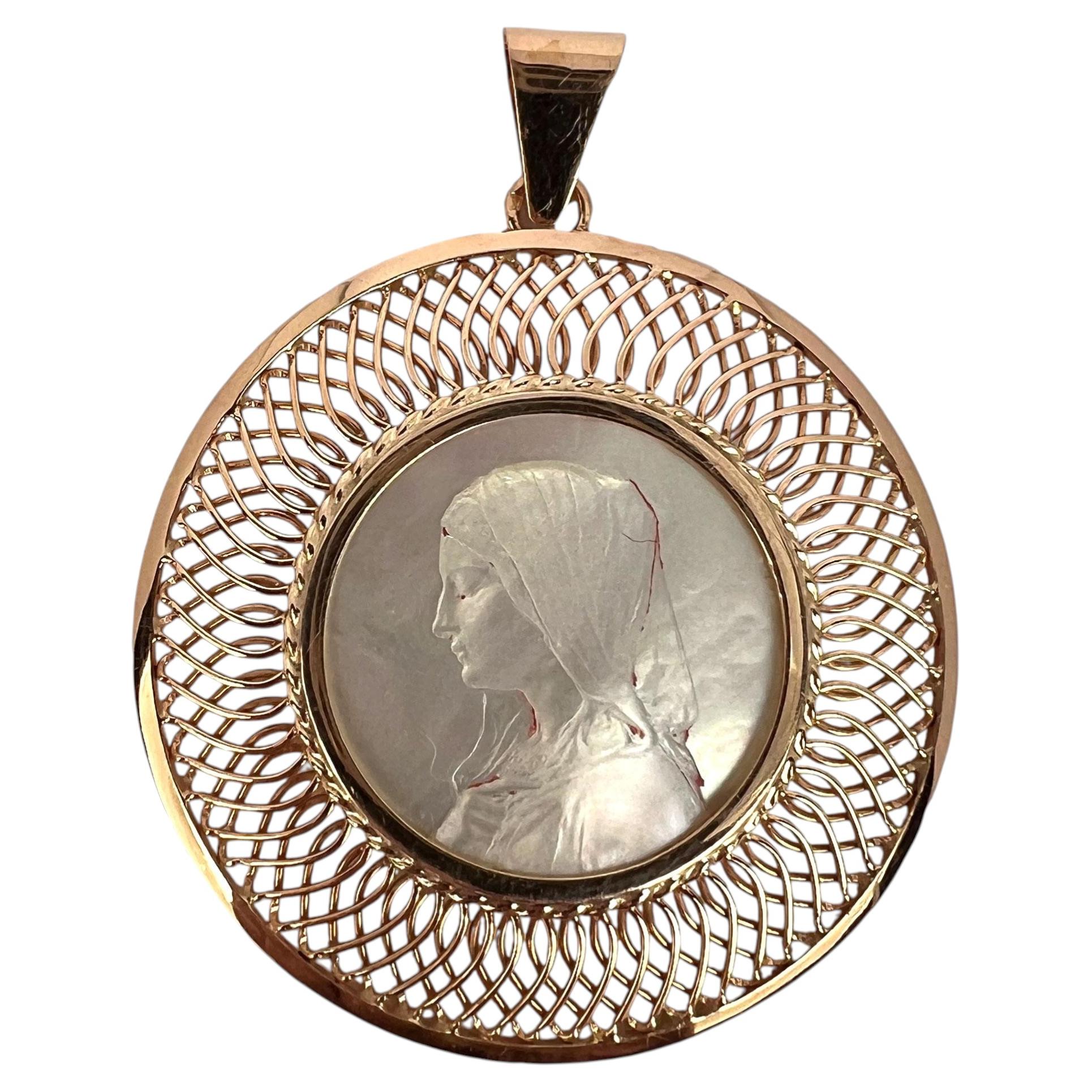 French 18K Rose Gold Mother-of-Pearl Virgin Mary Medal Pendant For Sale