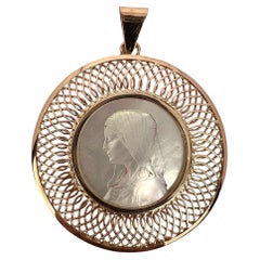 French 18K Rose Gold Mother-of-Pearl Virgin Mary Medal Pendant