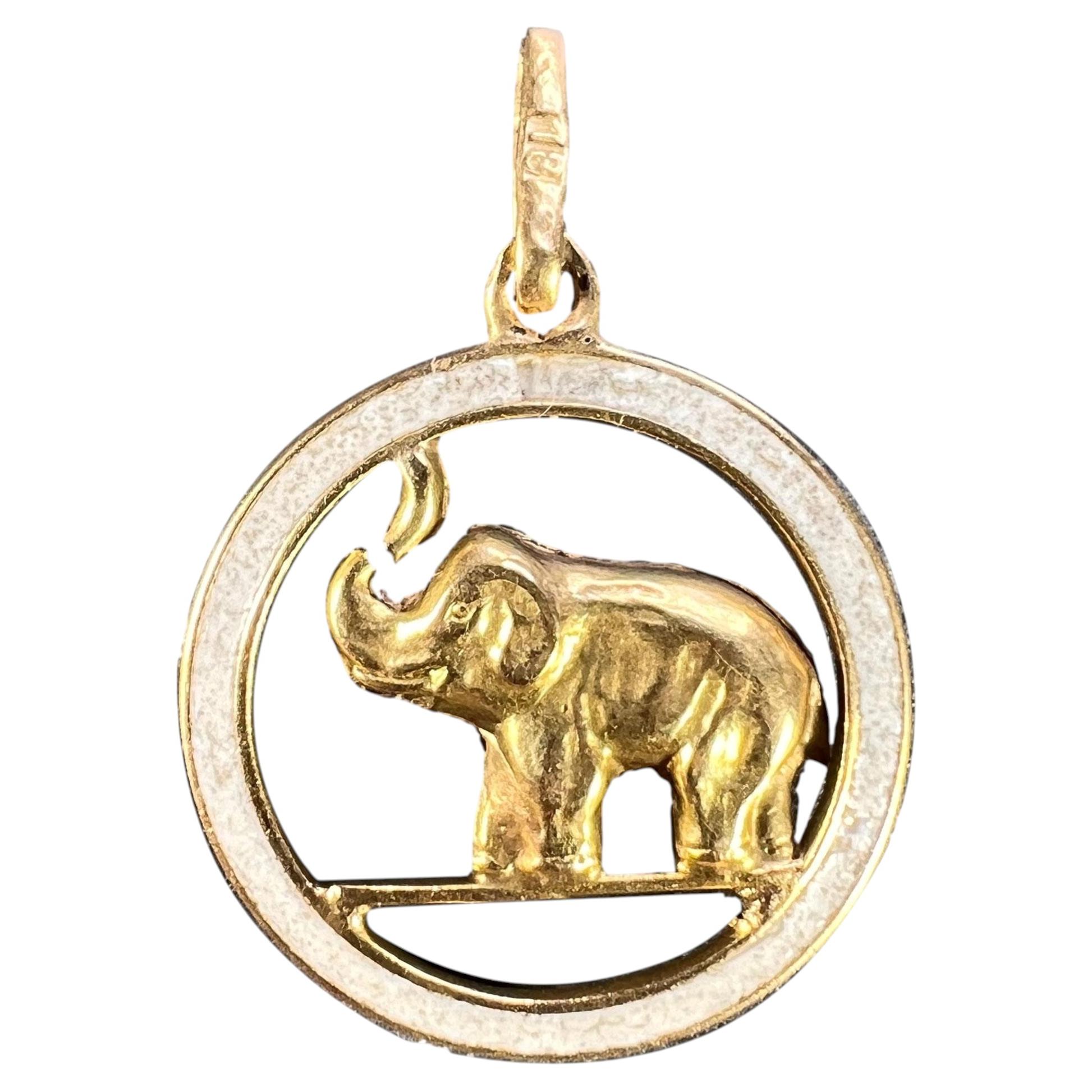 Lucky Elephant 18K Yellow Gold Enamel Charm Pendant For Sale
