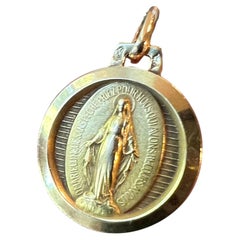French Virgin Mary Miraculous Medal 18K Yellow Gold Charm Medal Pendant