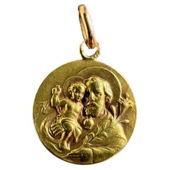 Pendentif médaille antique français « Rasumny » représentant saint Joseph et Jésus-Christ, en or jaune 18 carats