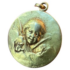Antique French Vernon Cherub Angel 18K Yellow Gold Charm Pendant Medal
