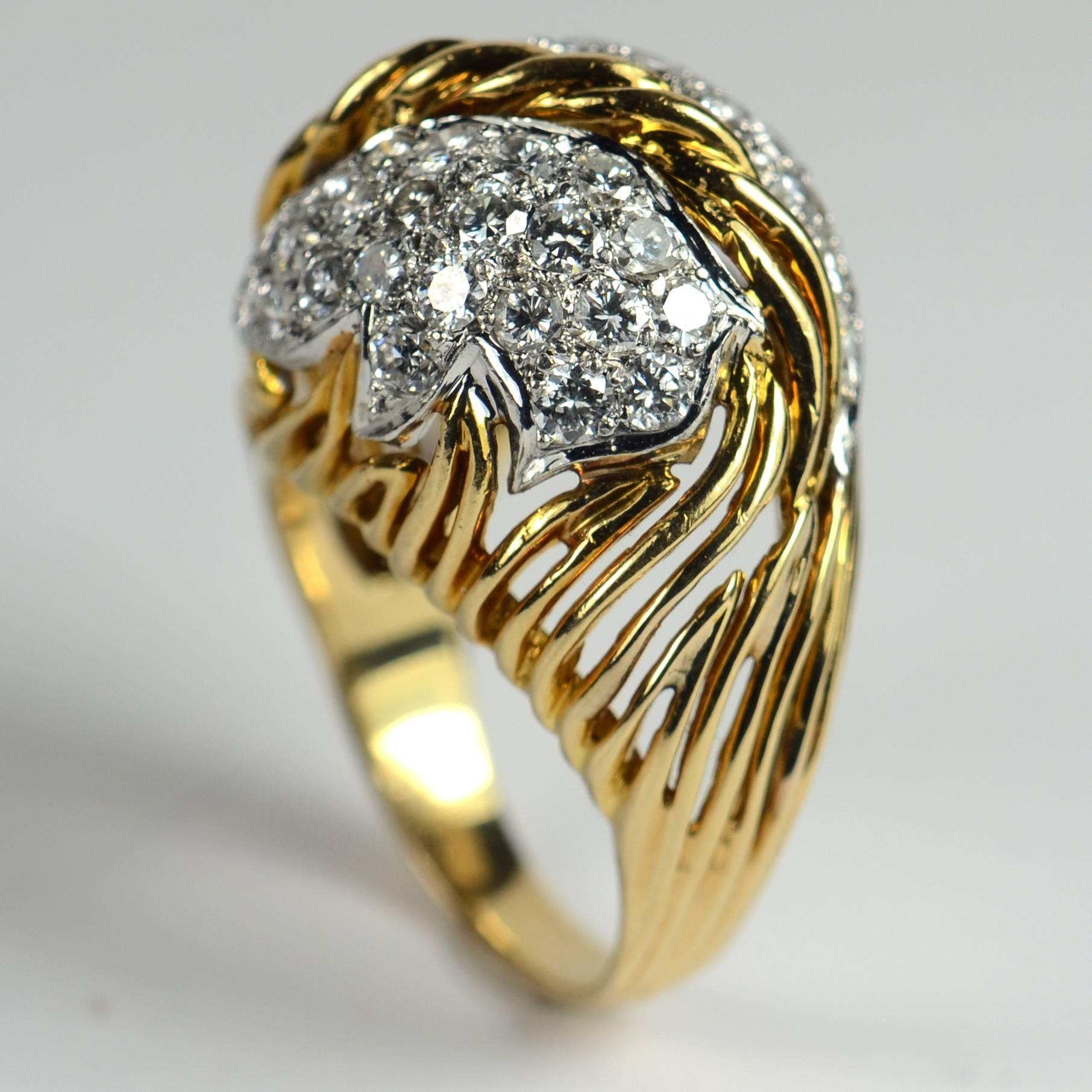 Women's Diamond Gold Fallen Leaf Ring, circa 1950 For Sale