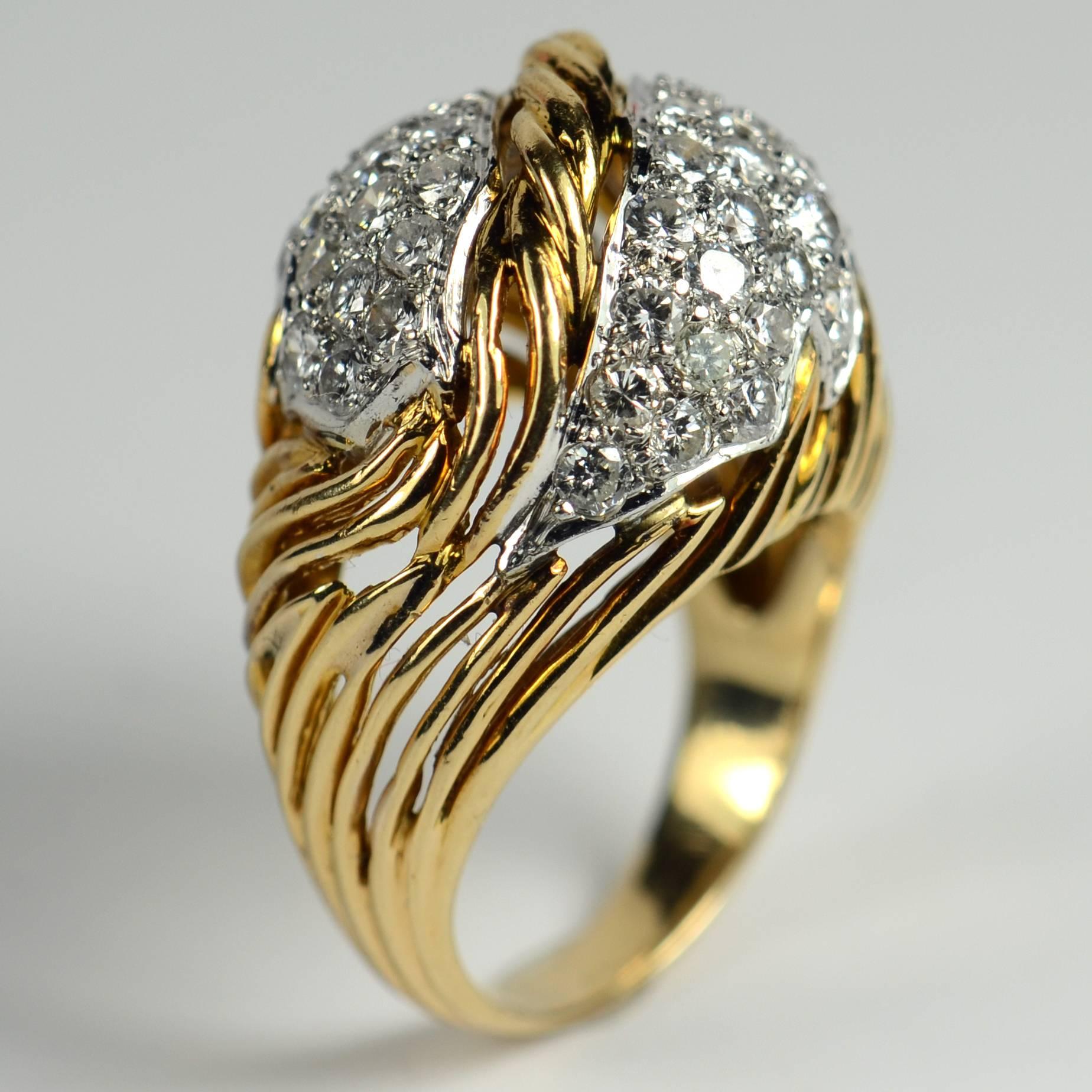 Round Cut Diamond Gold Fallen Leaf Ring, circa 1950 For Sale
