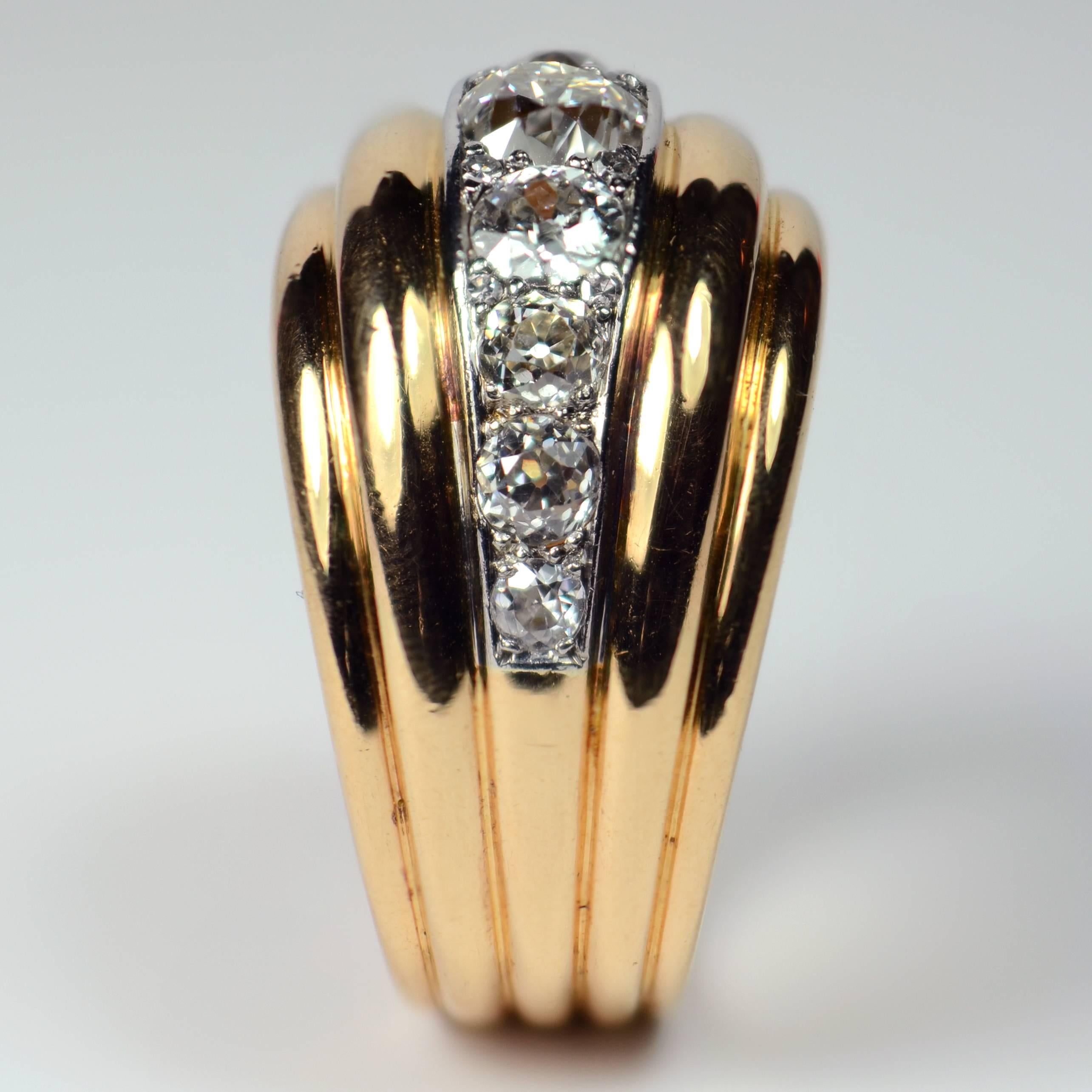 Women's French 1940s Diamond Gold Platinum Ridged Dome Ring For Sale