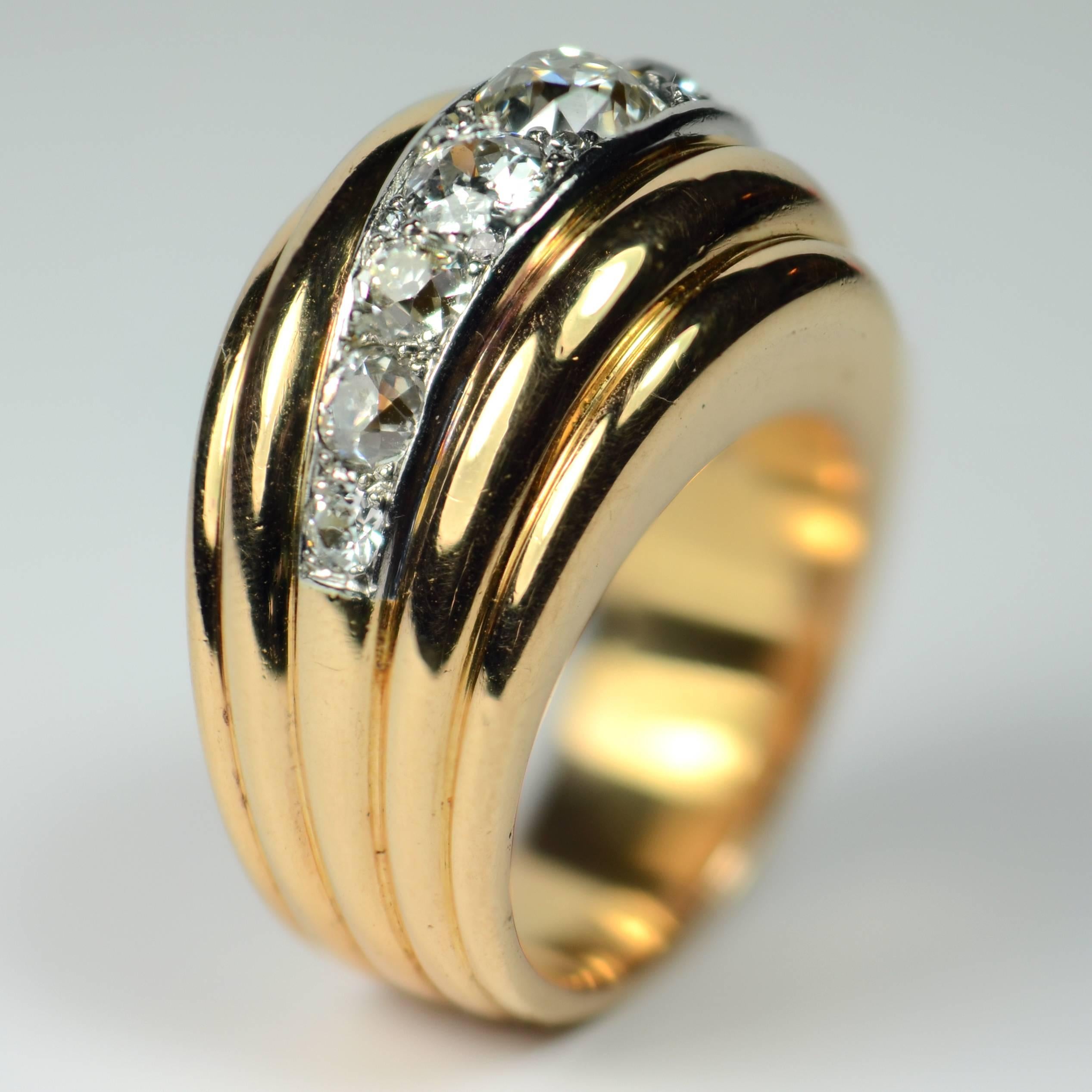 French 1940s Diamond Gold Platinum Ridged Dome Ring For Sale 1