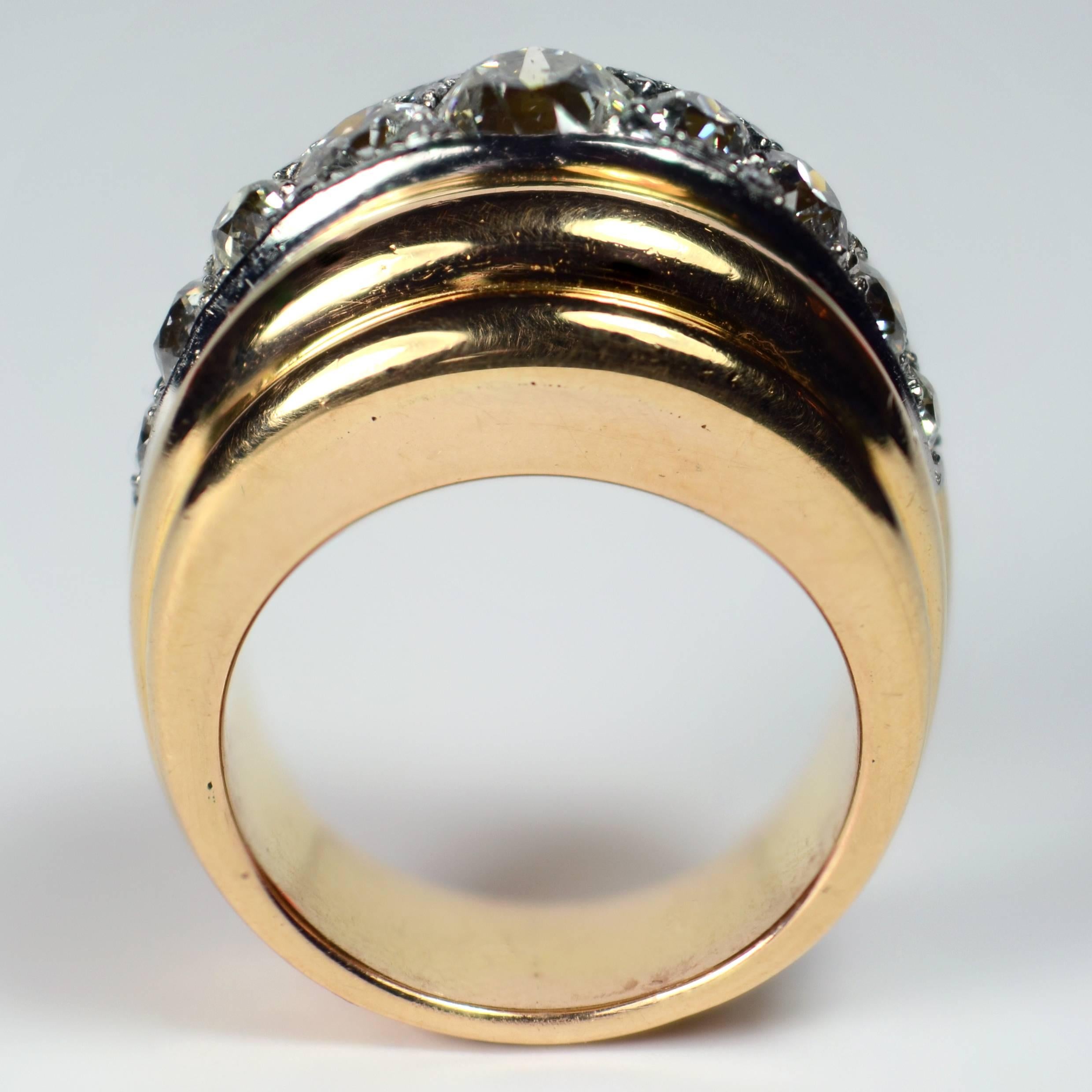 French 1940s Diamond Gold Platinum Ridged Dome Ring For Sale 3