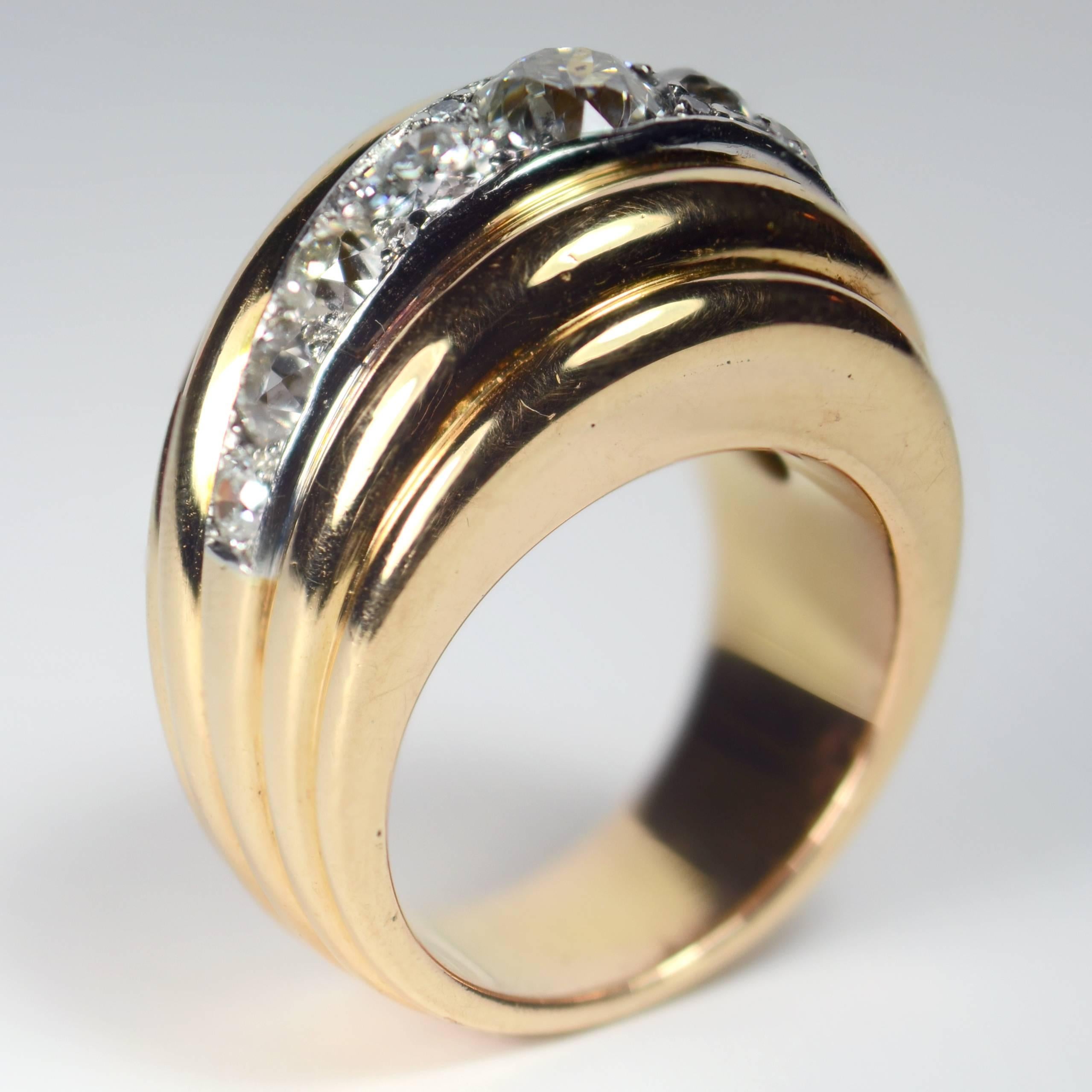 French 1940s Diamond Gold Platinum Ridged Dome Ring For Sale 2