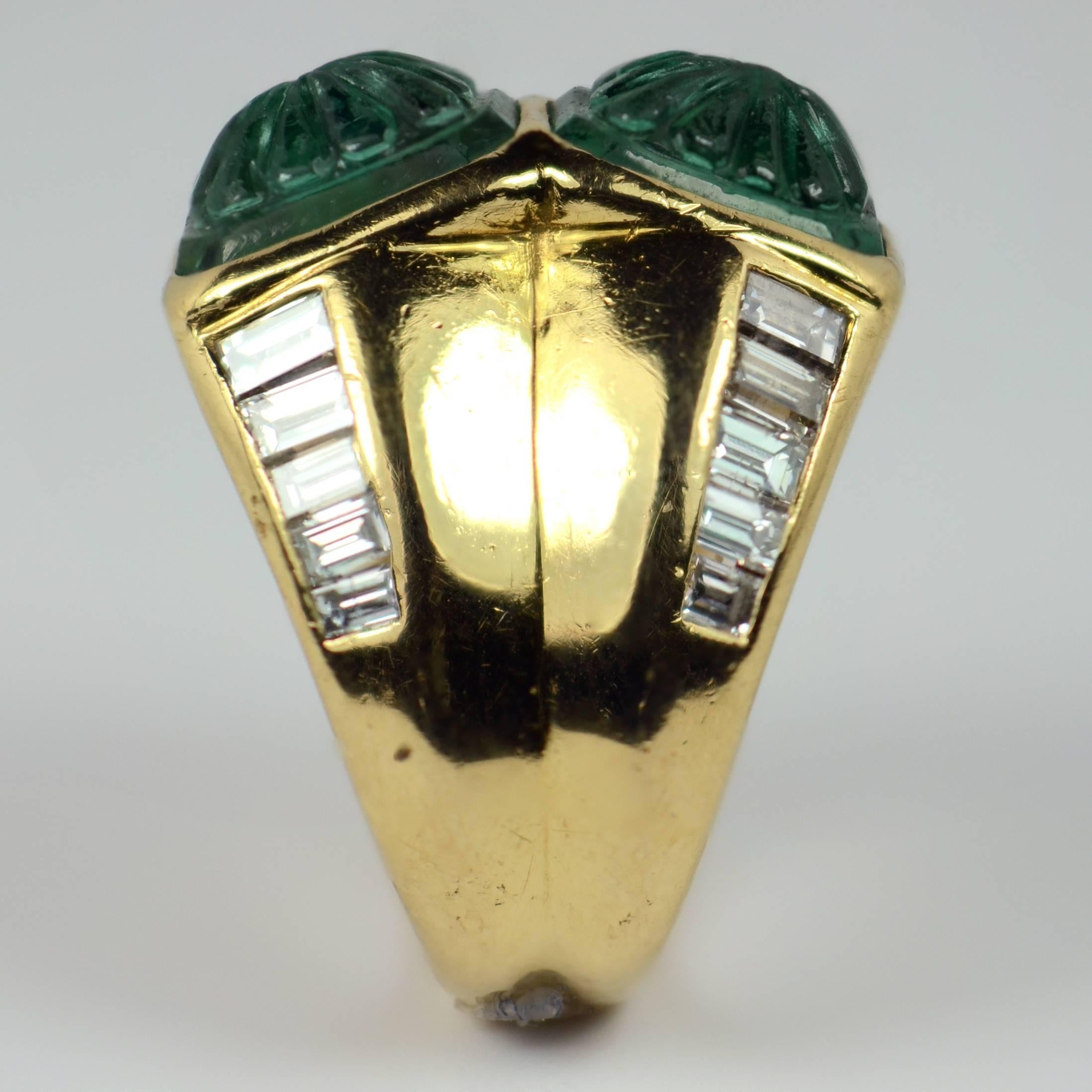 Carved Emerald Diamond Gold Ring 8
