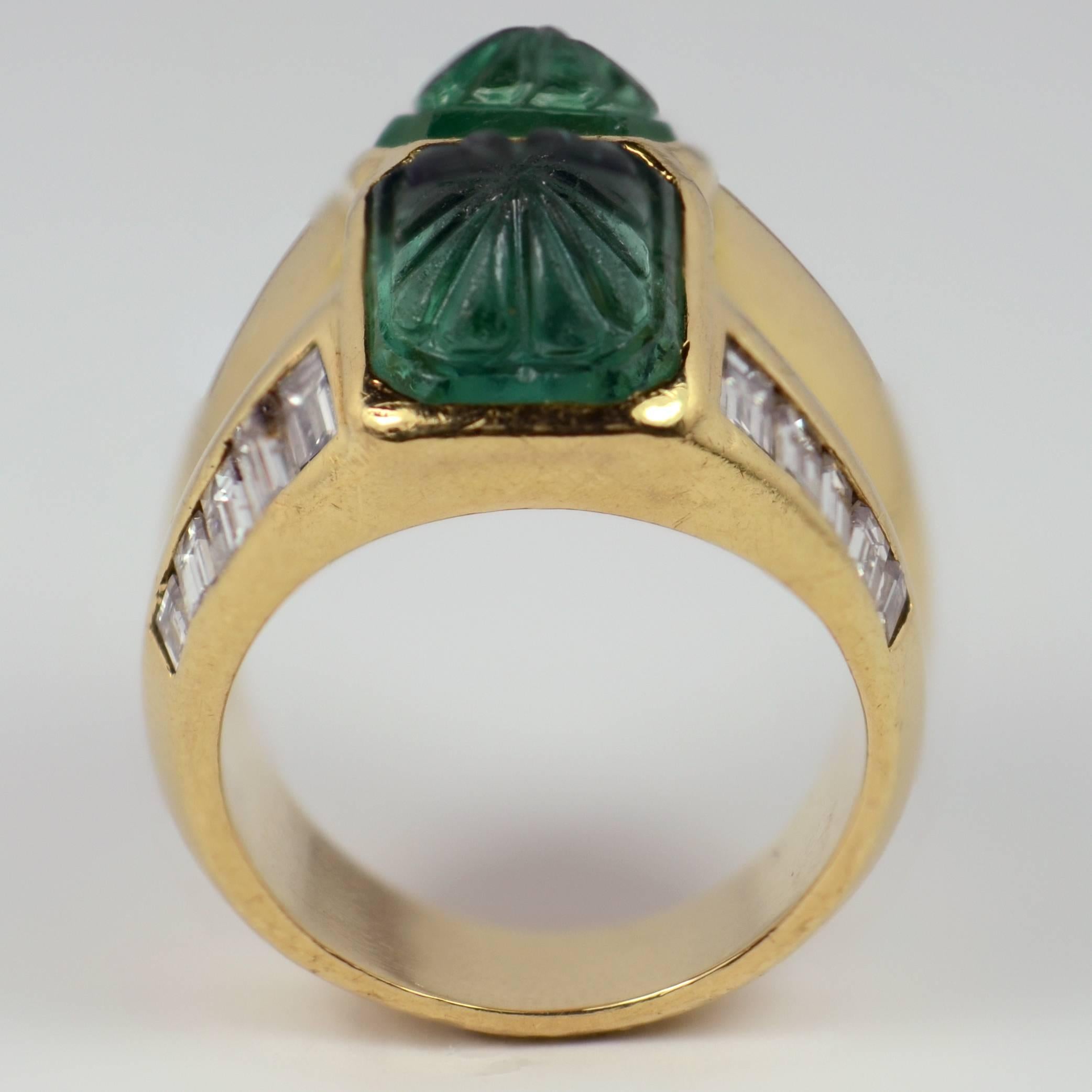 Carved Emerald Diamond Gold Ring 7