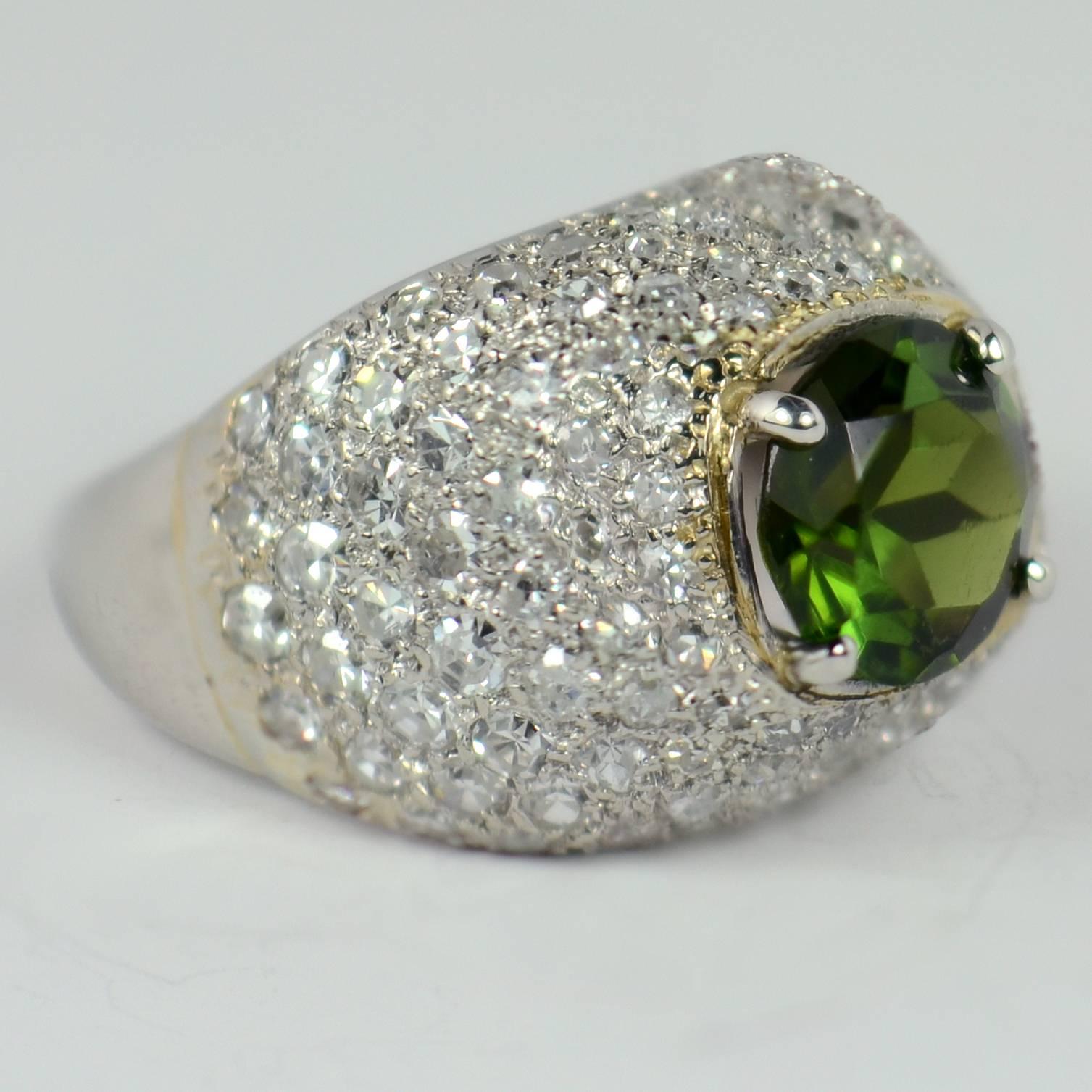 Art Deco Peridot Diamond Bombe Dome Platinum Gold Ring For Sale 2