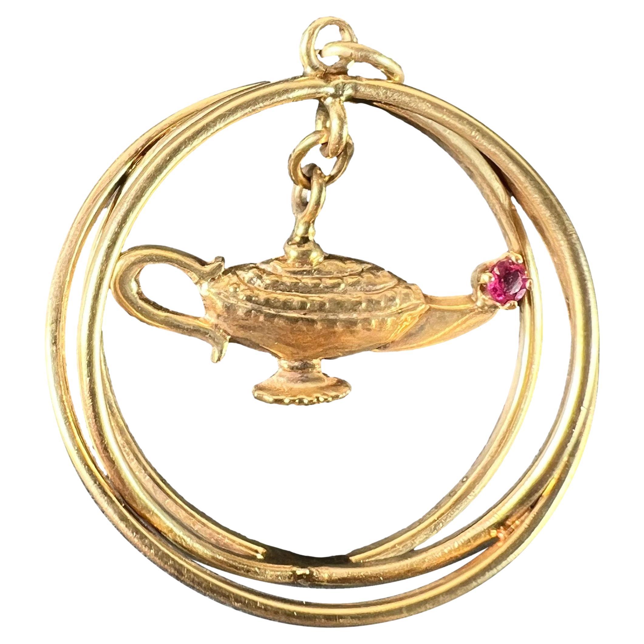 Lampe génie en or jaune et rubis rouge, grand pendentif à breloque cinétique