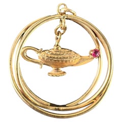 Vintage Large Genie Lamp  14K Yellow Gold Red Ruby Kinetic Charm Pendant