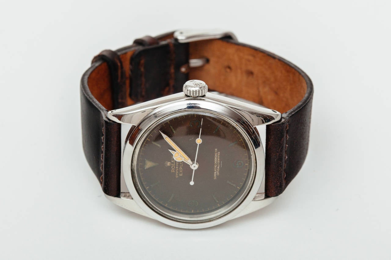 Rolex stainless steel Explorer wristwatch with underline tropical dial. Chronometer movement. Ref. 1016, serial number 9017XX,  circa 1963, 35 mm case diameter.