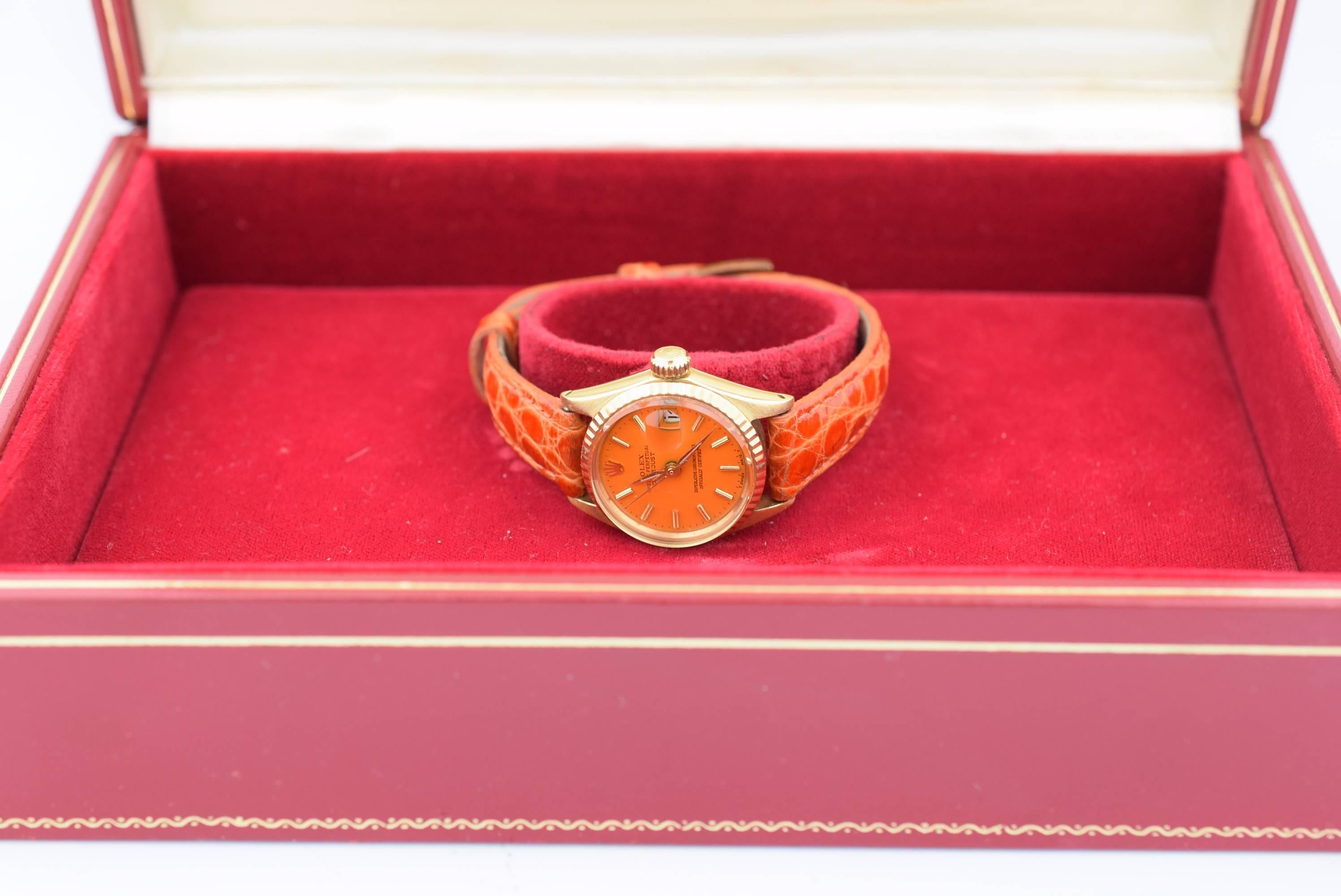 Rolex Lady's Yellow Gold Orange Dial Datejust Automatic Wristwatch Ref 6517 1