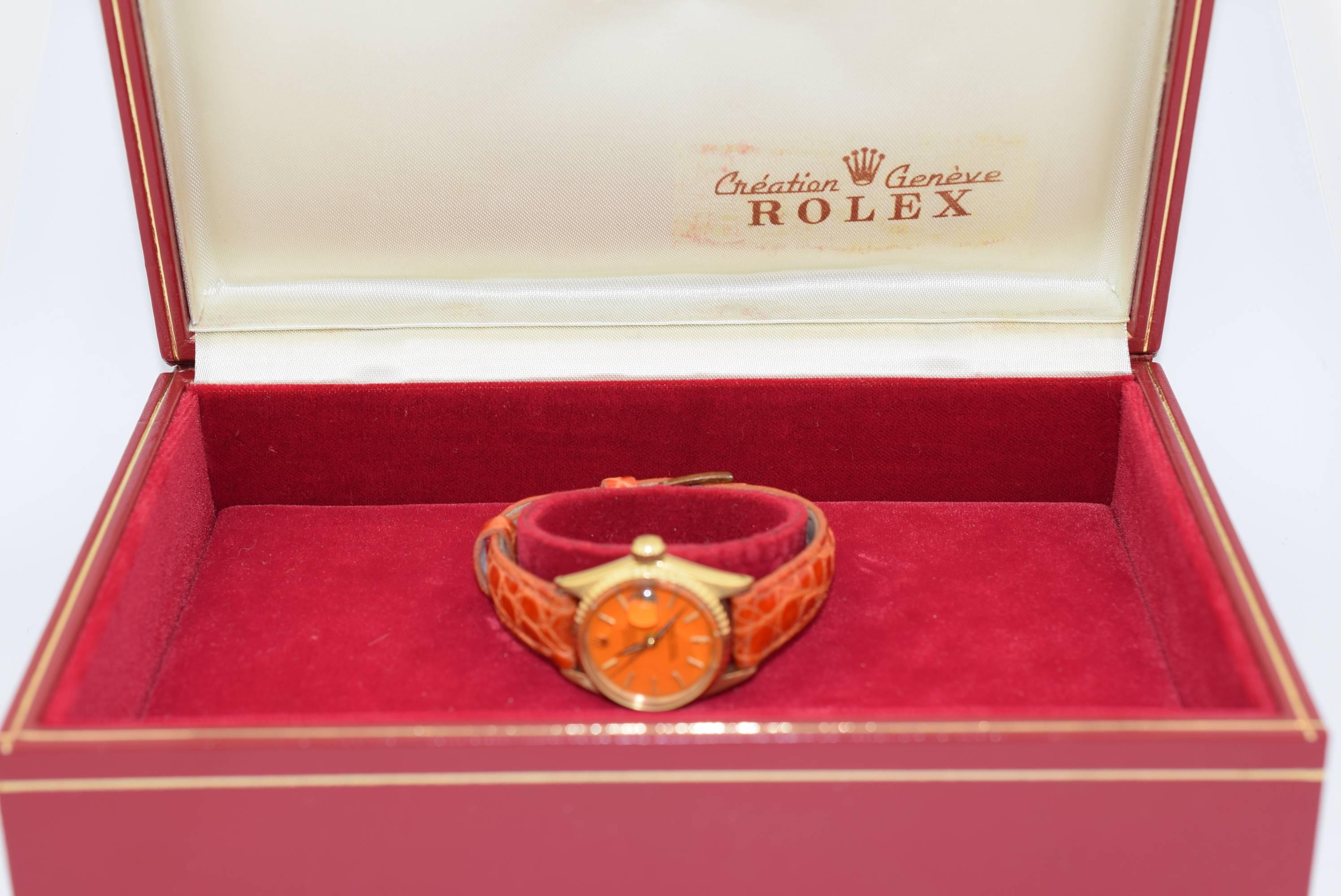 Rolex Lady's Yellow Gold Orange Dial Datejust Automatic Wristwatch Ref 6517 2