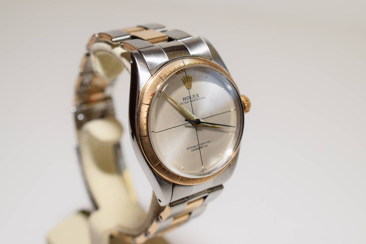 Rolex Yellow Gold Stainless Steel Oyster Perpetual Zephyr Wristwatch Ref 1008 In Excellent Condition In New York, NY