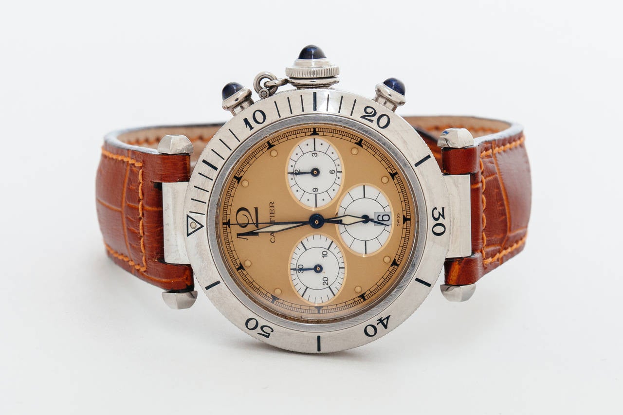 Cartier Stainless Steel Pasha Chronograph with Date, with Quartz Movement, with a New Brown Alligator Cartier Strap and Stainless Steel Deployant Buckle, circa 1990s, Ref. R403090, 38mm, with Cartier box.