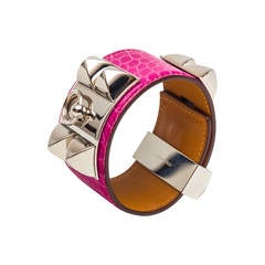 Hermes Colliers De Chiens Pink Alligator Bracelet