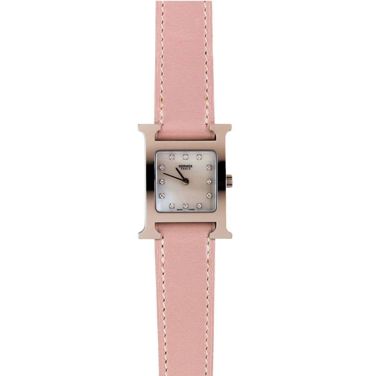 Hermes Lady's Stainless Steel H Hour Watch with Mother-of-Pearl Diamond Dial