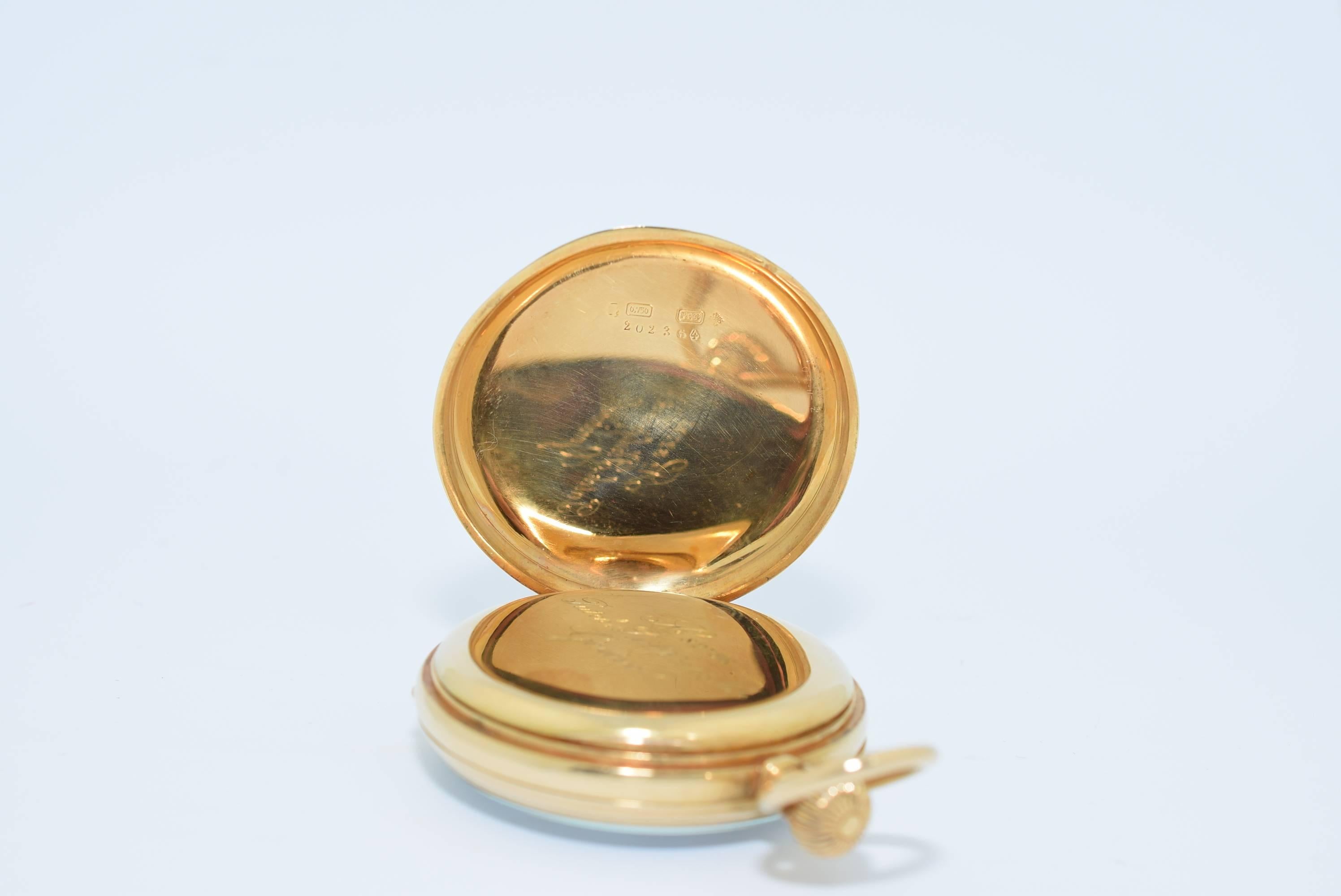 Patek Philippe & Co 18K Yellow Gold Open Face Pocket watch with White Enamel Dial.Roman Numerals Black Louis XIV Hands .Sub Second .Manual Wind .Triple signed Patek Philippe on case ,movement & Dial .Case numbers 202364 .Movement numbers 82796.Circa