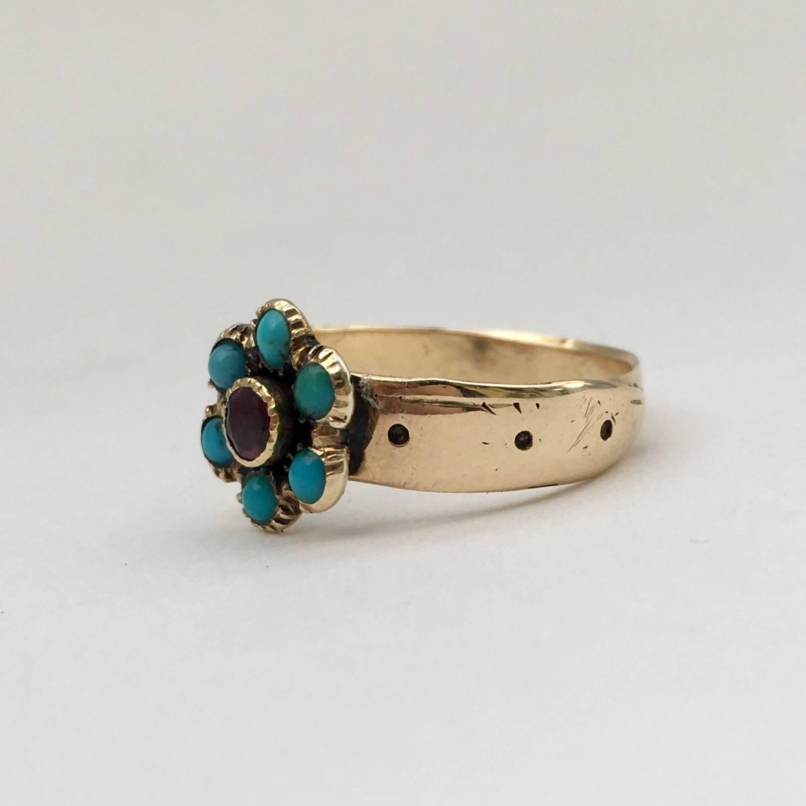 Women's Victorian Flat Cut Garnet Love Token Ring Forget-Me-Not Turquoise Flower Buckle