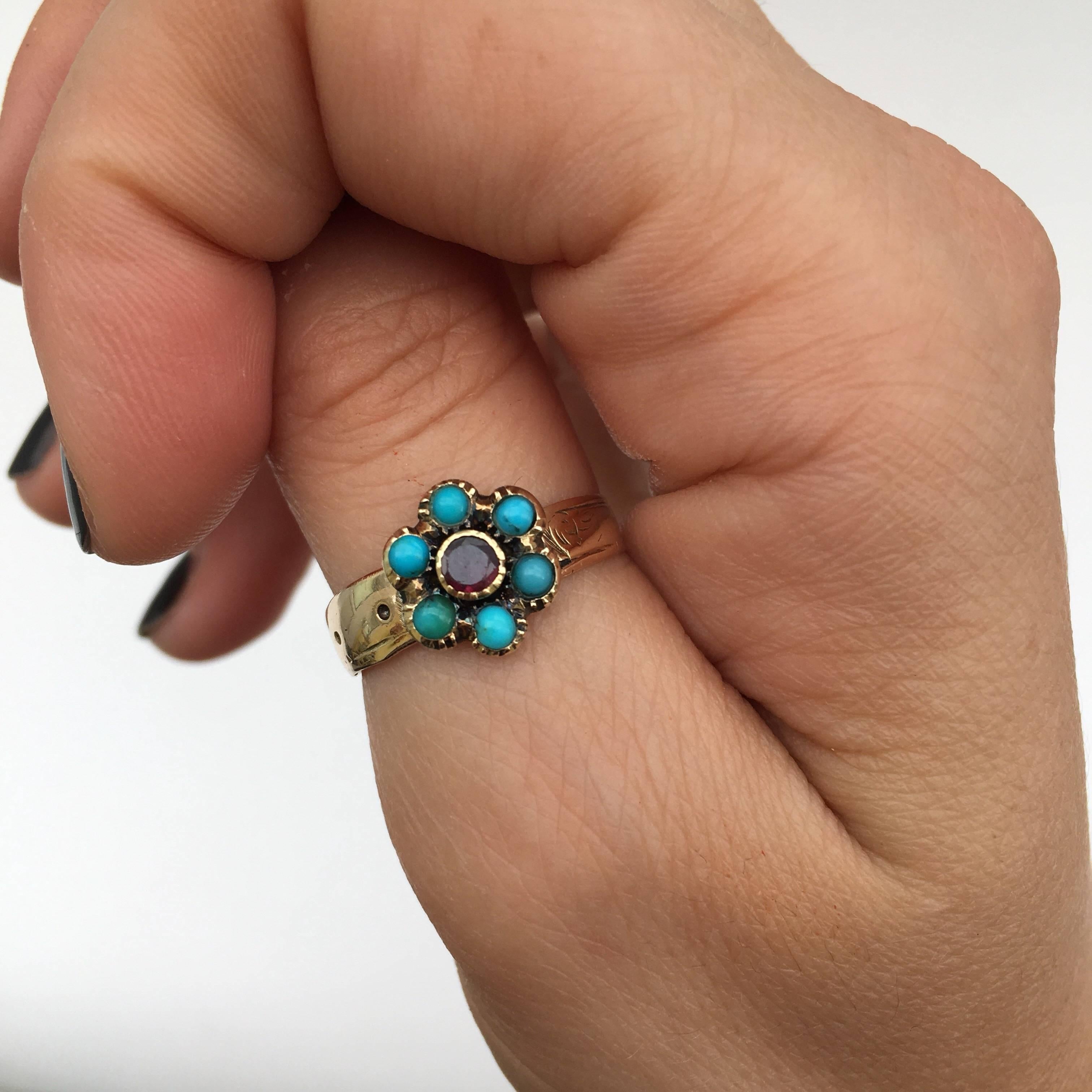 Victorian Flat Cut Garnet Love Token Ring Forget-Me-Not Turquoise Flower Buckle 3
