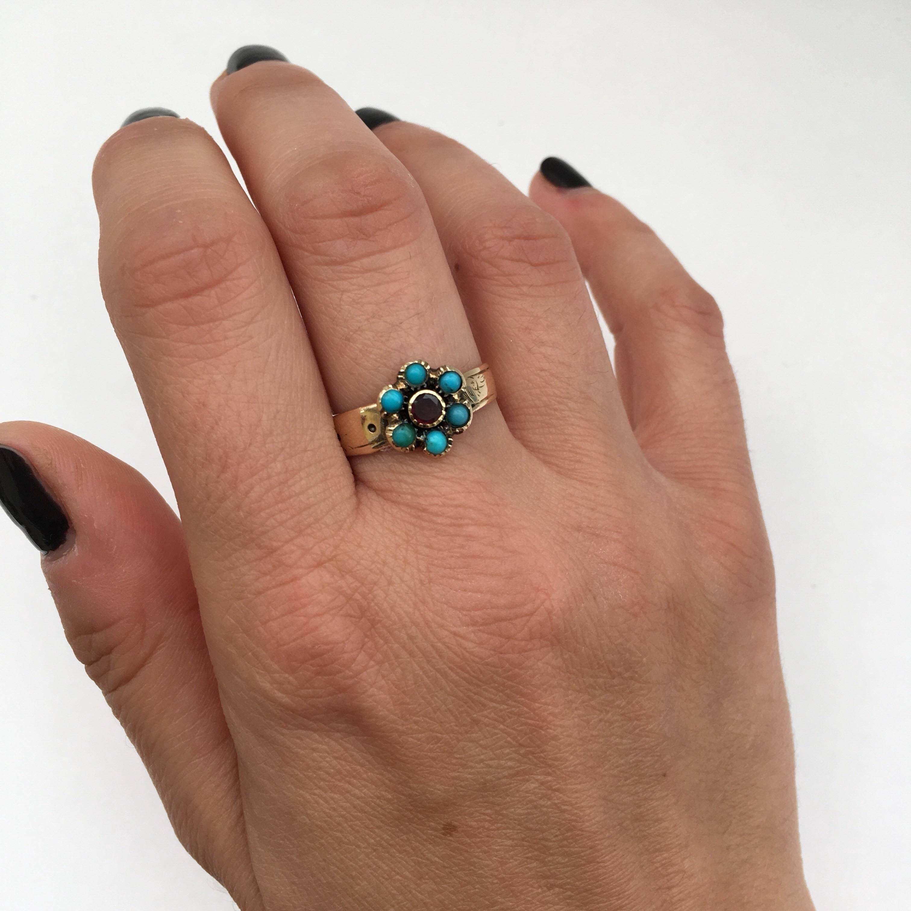 Victorian Flat Cut Garnet Love Token Ring Forget-Me-Not Turquoise Flower Buckle 4