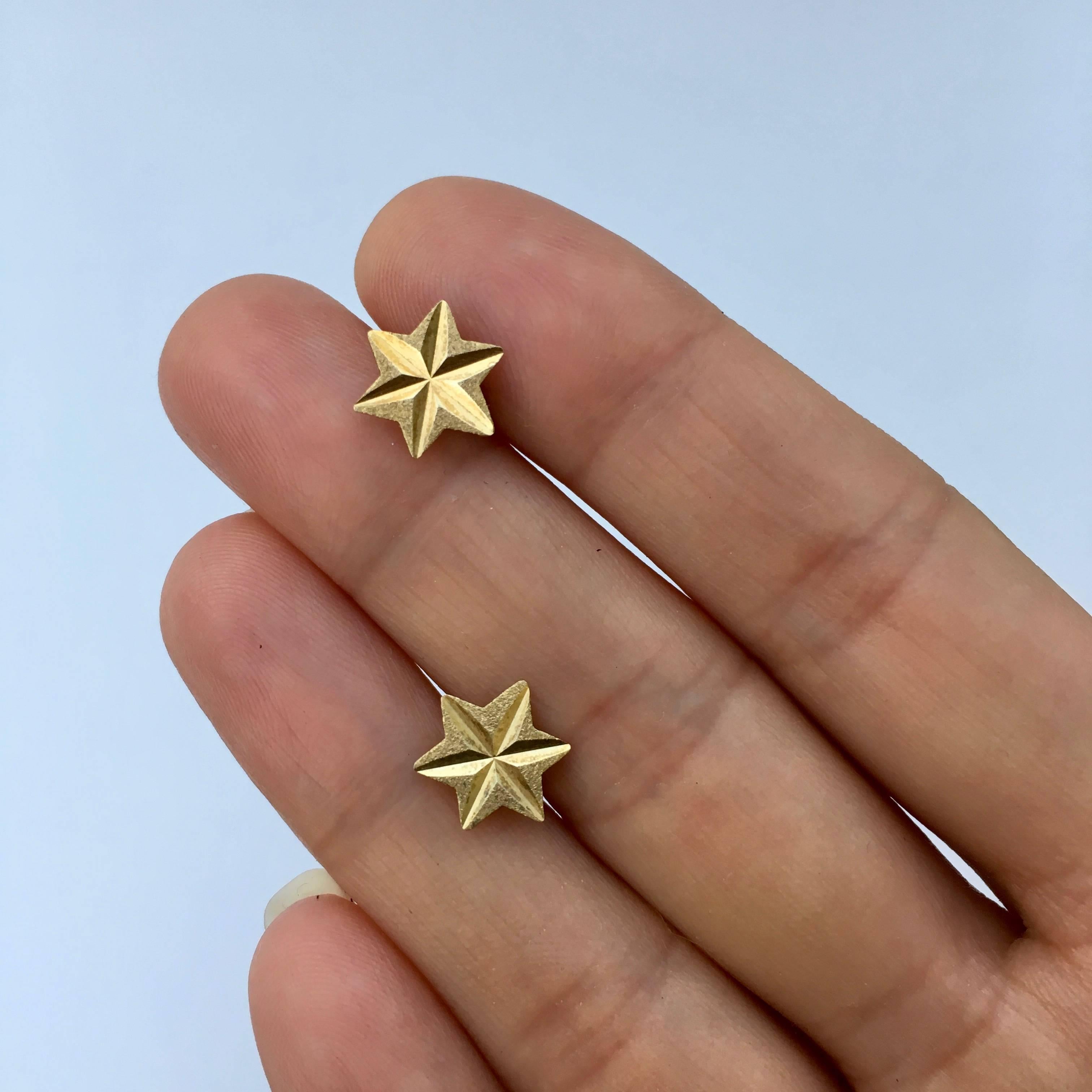 Women's or Men's 1970s Star Earrings Gold Faceted Celestial Rock Star Vintage Studs