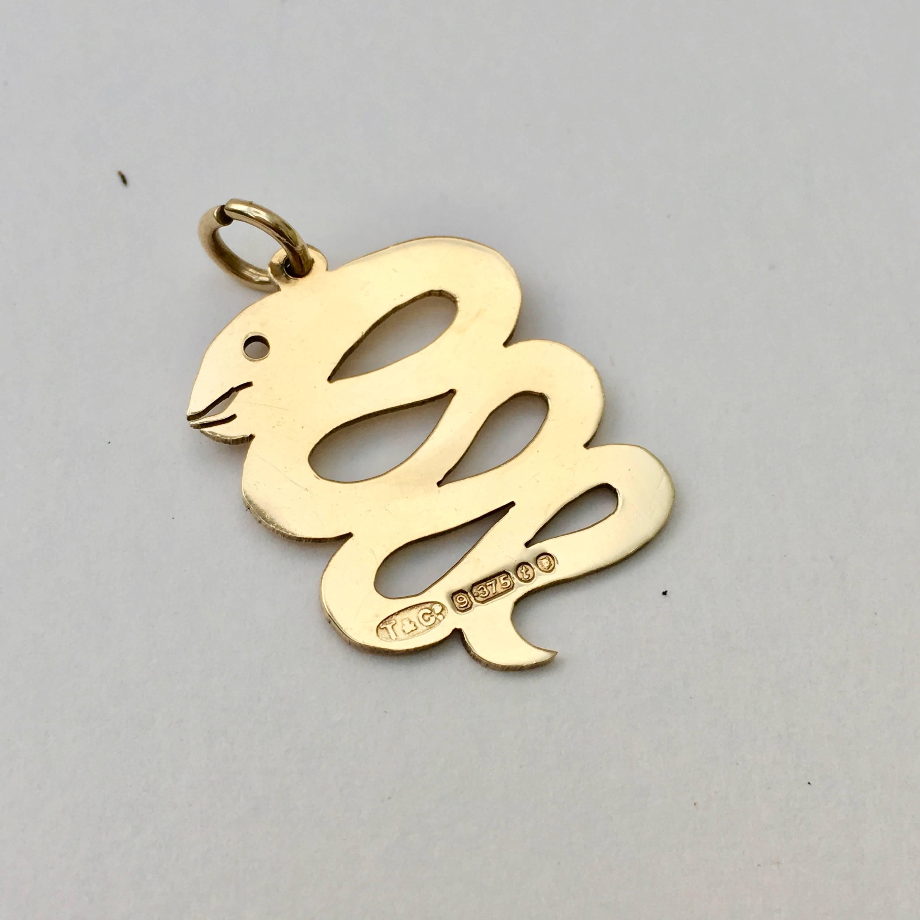 1970s Vintage Gold Snake Serpent Charm Talisman Pendant Marked T & Co. In Excellent Condition In London, GB