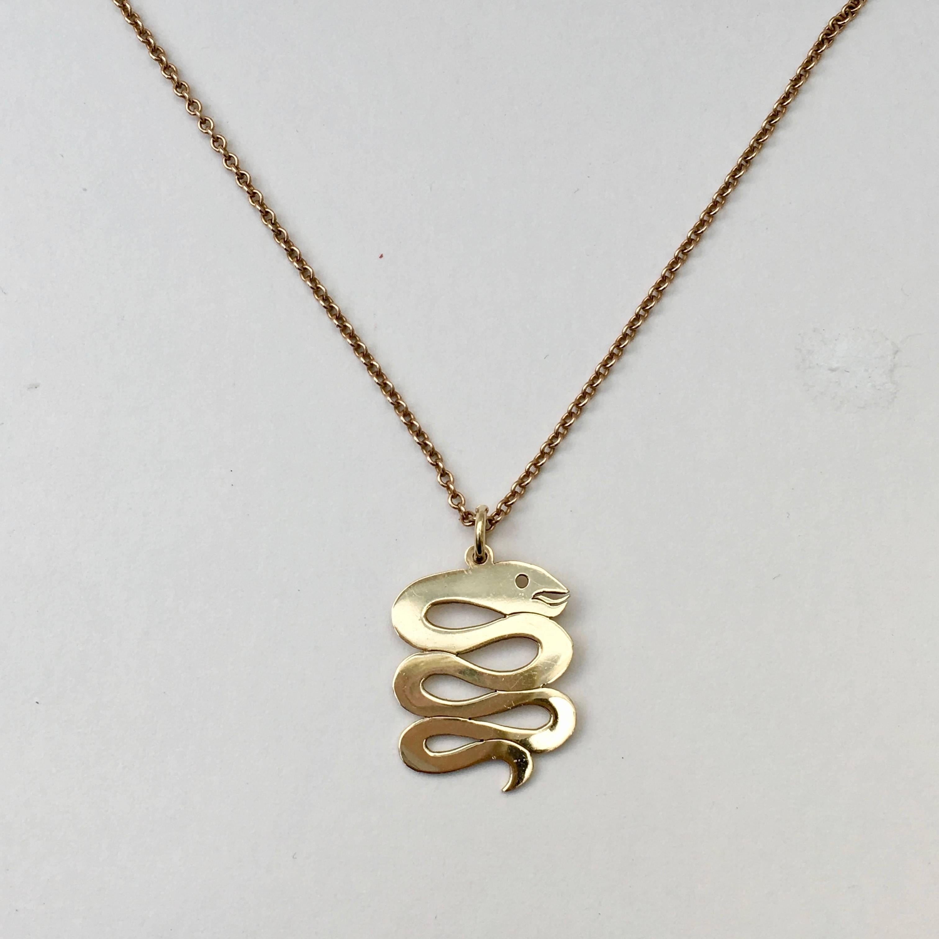 Modernist 1970s Vintage Gold Snake Serpent Charm Talisman Pendant Marked T & Co.