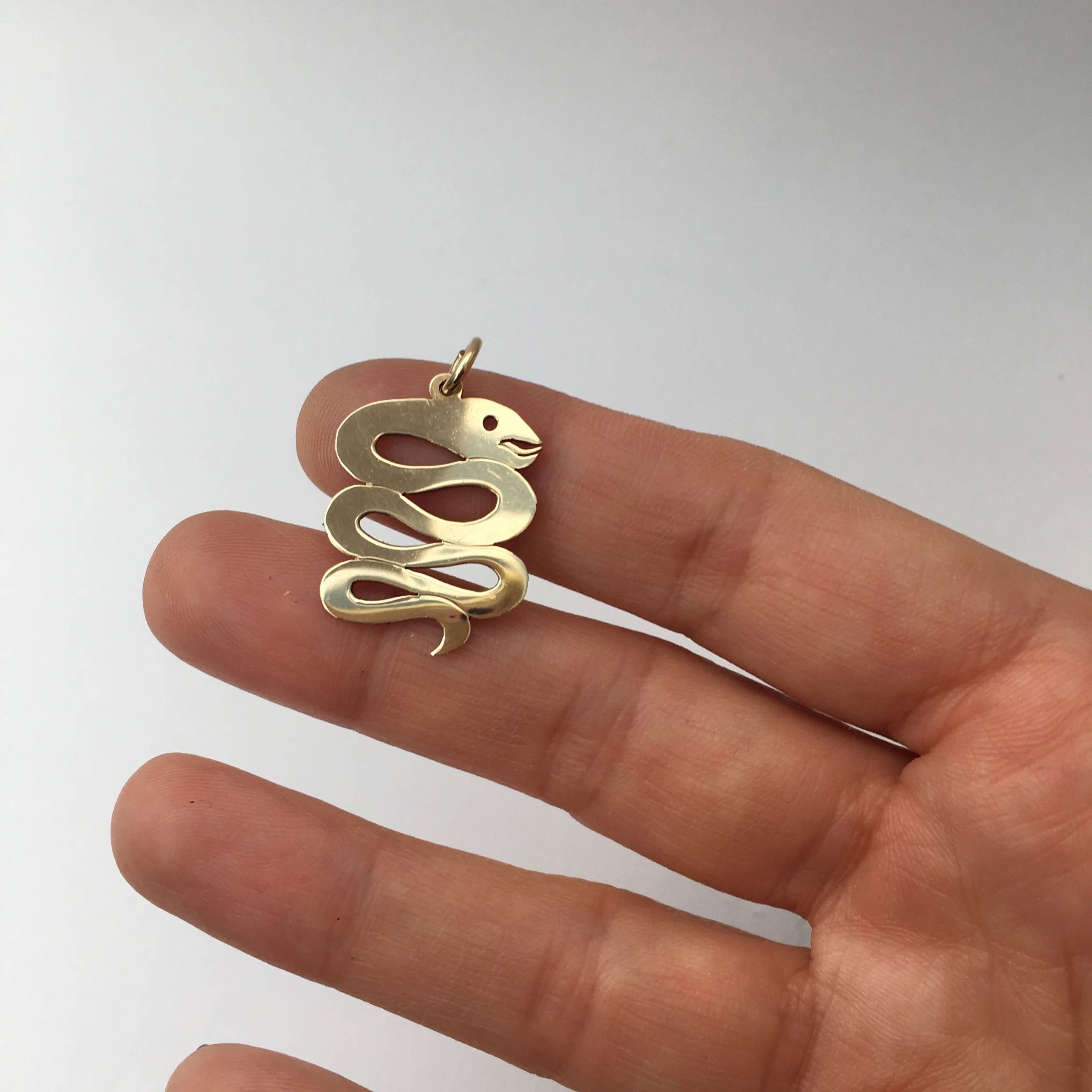 Women's or Men's 1970s Vintage Gold Snake Serpent Charm Talisman Pendant Marked T & Co.
