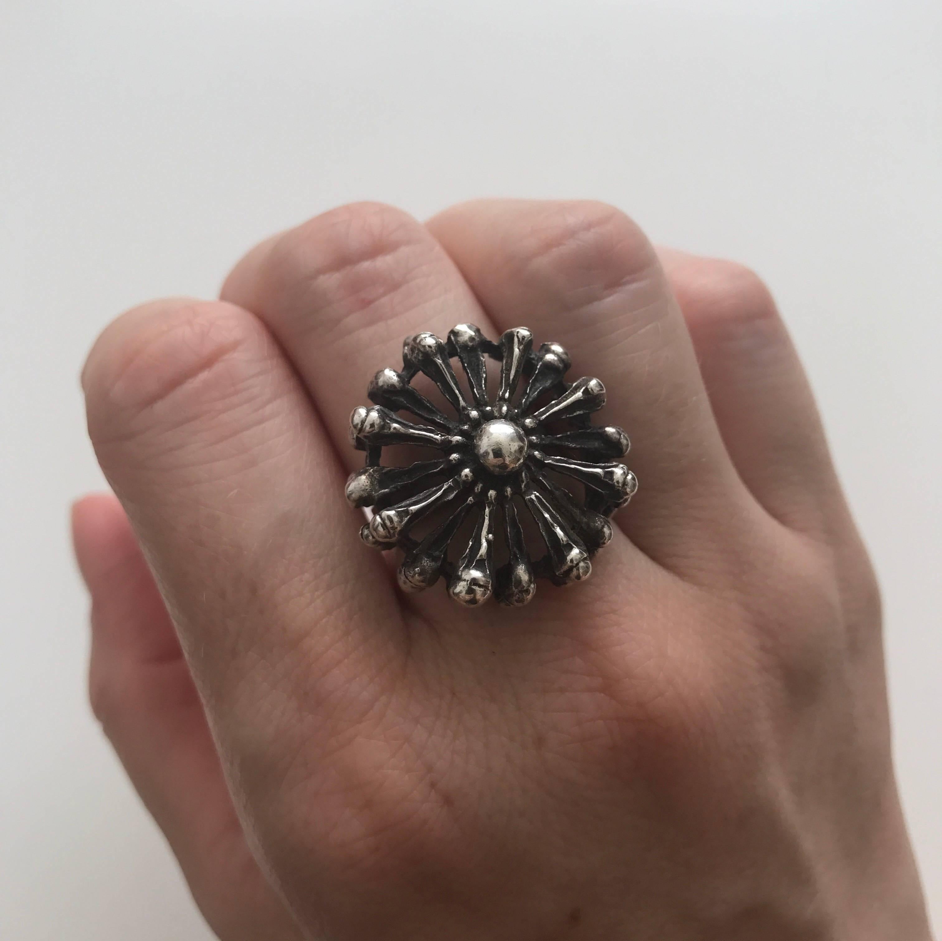 Women's or Men's Vintage Jewelry Silver Flower Rings Nils Elvik & Co Scandinavian Sculptural Ring